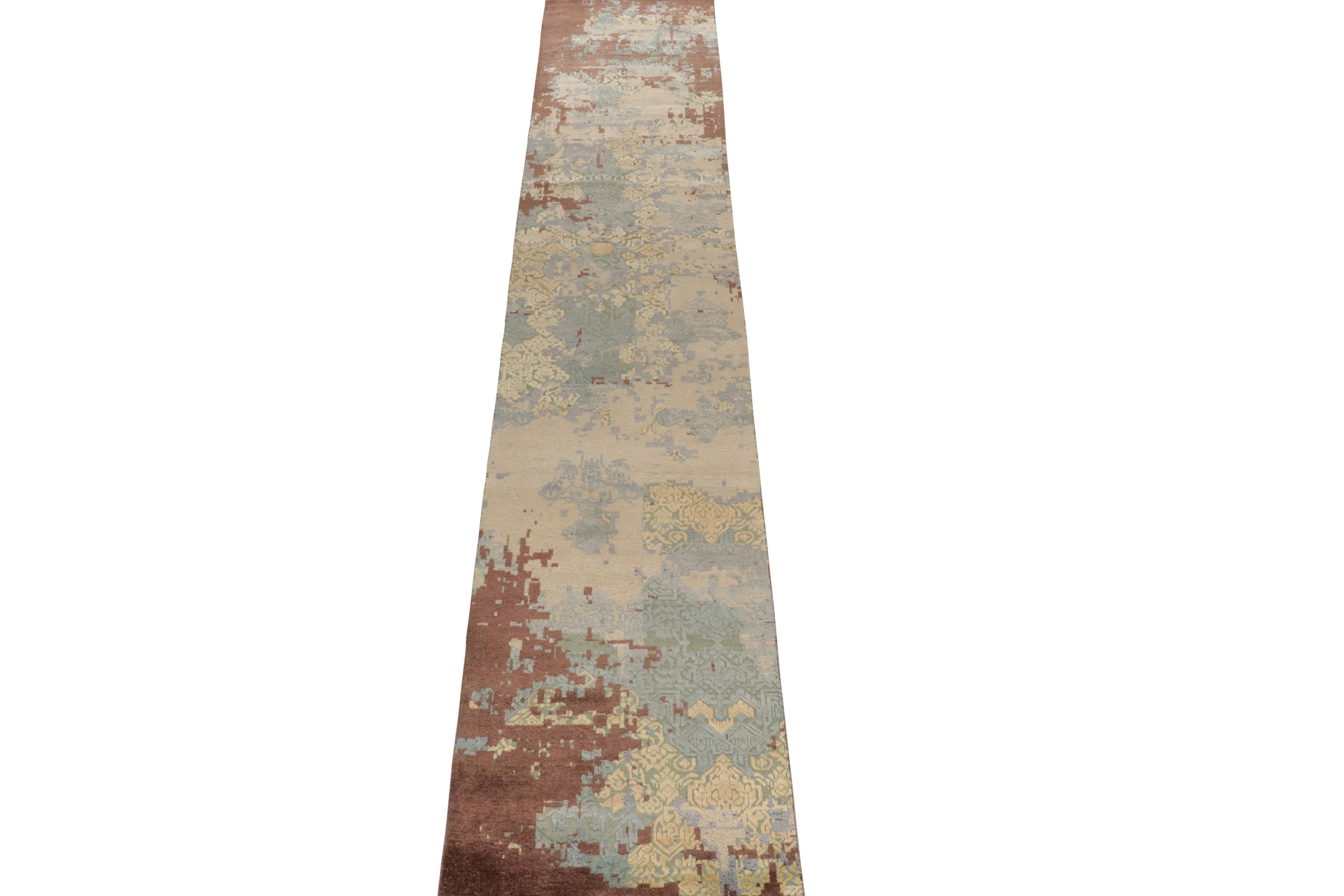 Modern Rug & Kilim’s Abstract runner in Brown, White and Blue Patterns For Sale