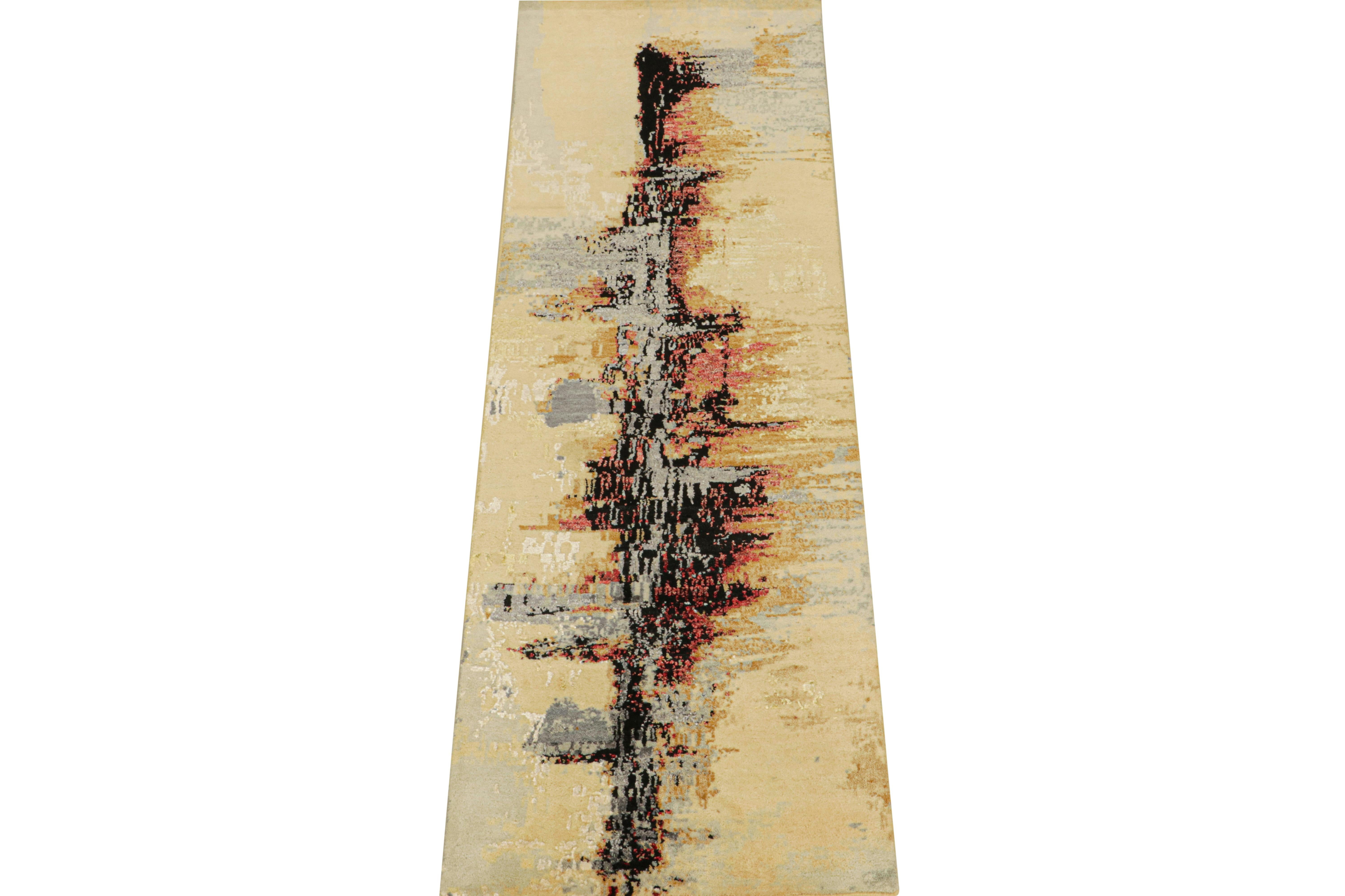 This abstract 3x8 runner is a bold new addition to Rug & Kilim’s Modern rug collection. Hand-knotted in wool,cotton and silk, its design explores expressionist sensibilities in a luxurious high-end quality. 

Further on the Design: 

This art