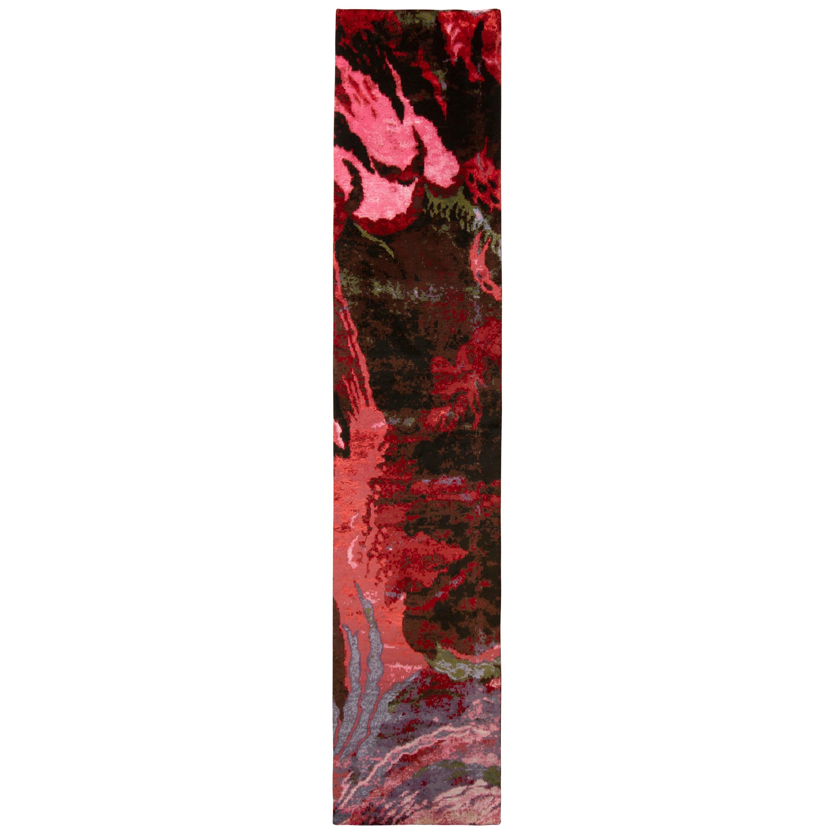 Abstrakter Teppich & Kelim-Läufer aus roter und rosa Wolle und Seide mit modernem Muster