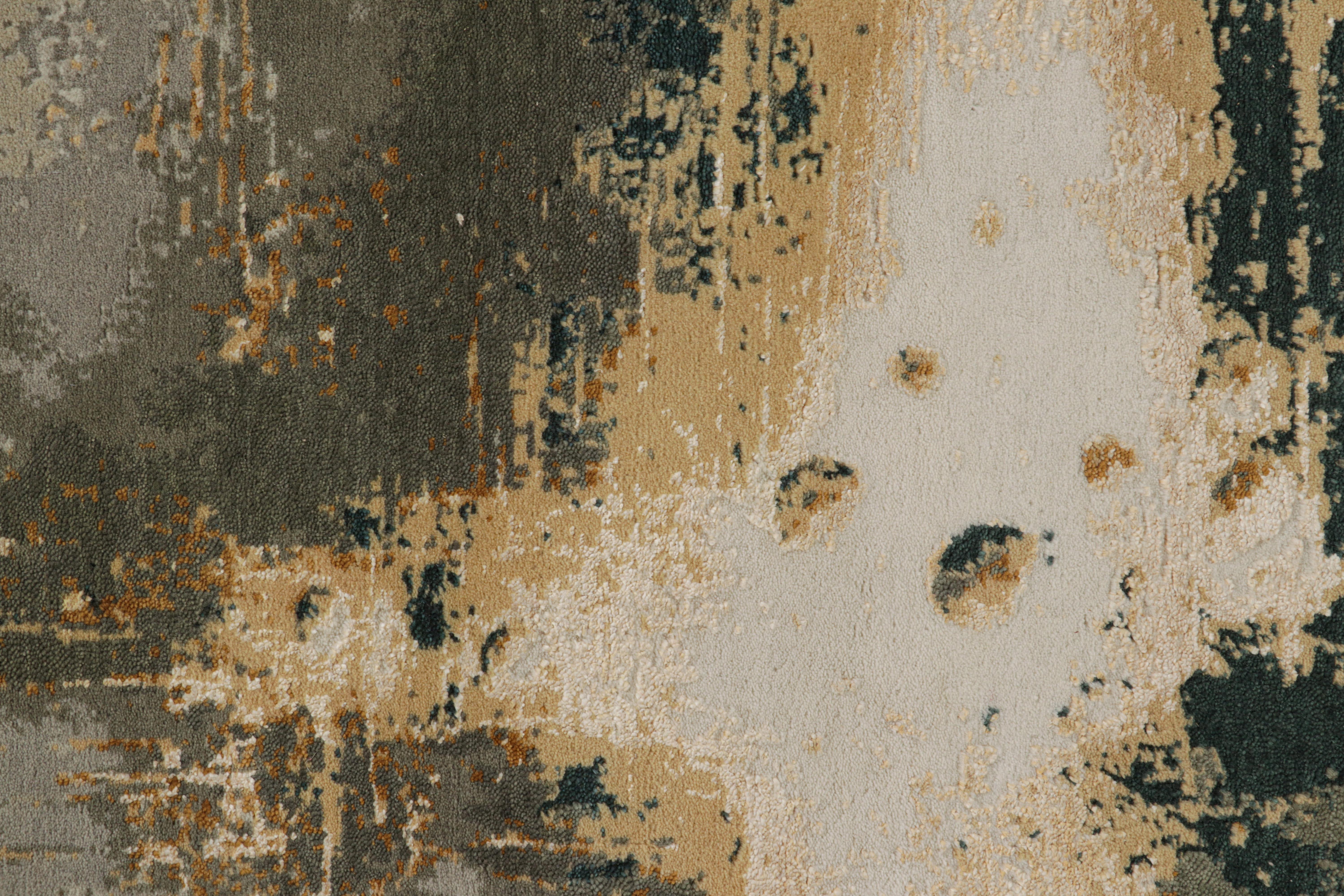 Moderno Rug & Kilim: tappeto runner astratto in beige e oro con motivi geometrici in vendita