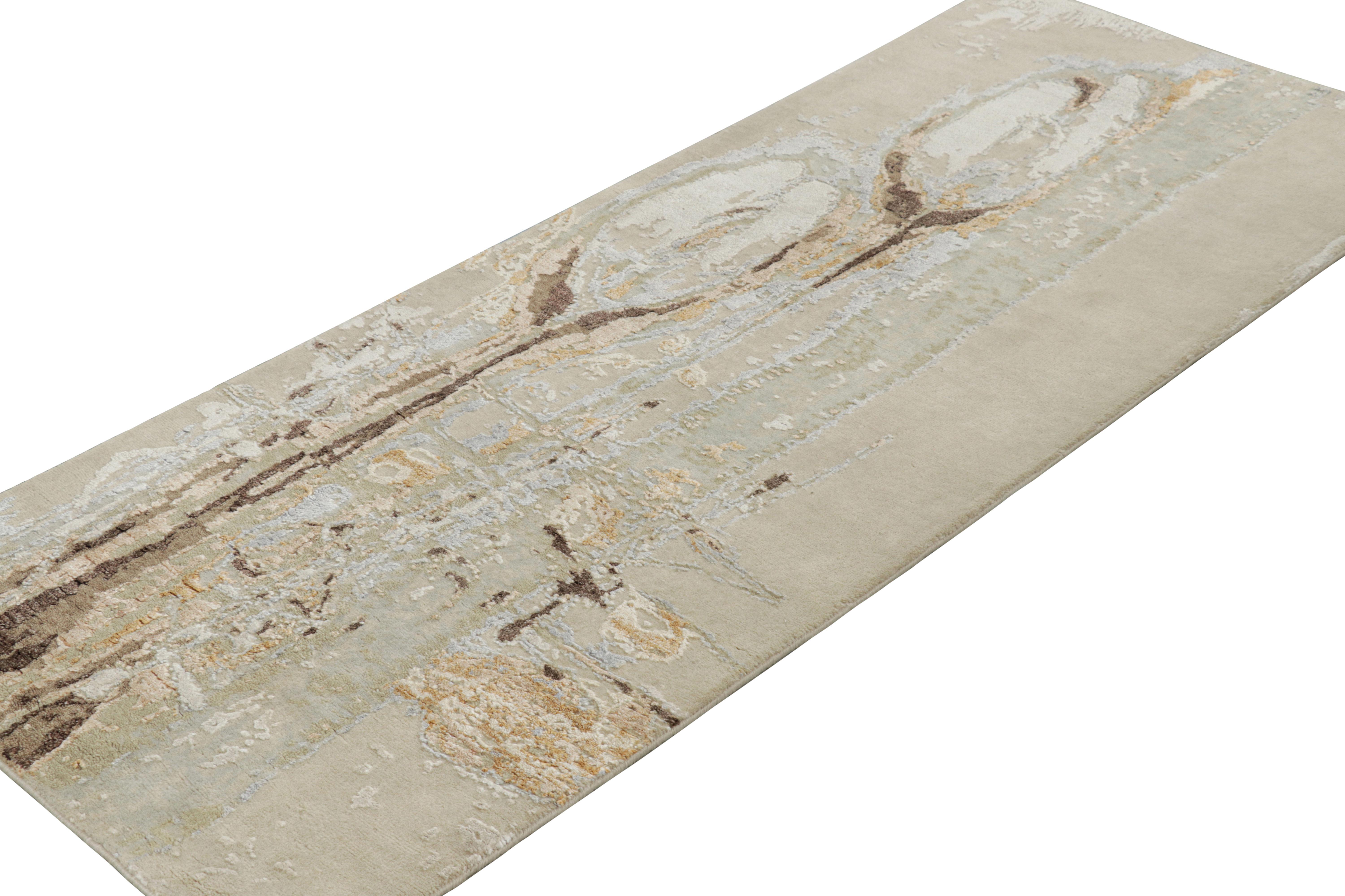Annodato a mano Rug & Kilim - Tappeto astratto in beige-marrone, oro e argento-grigio in vendita