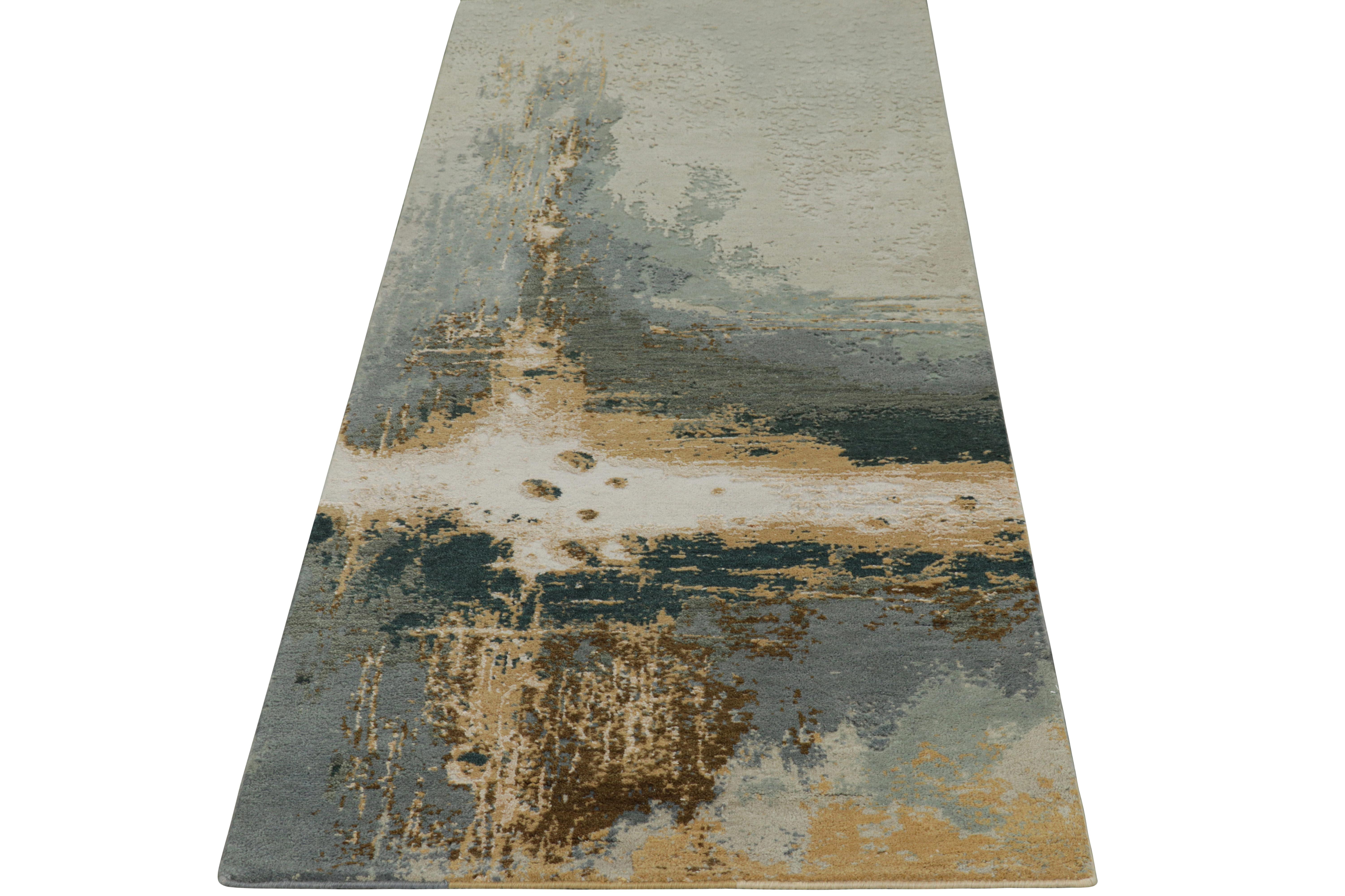 Alfombra de calle abstracta Rug & Kilim con motivos grises, dorados y azules Indio en venta