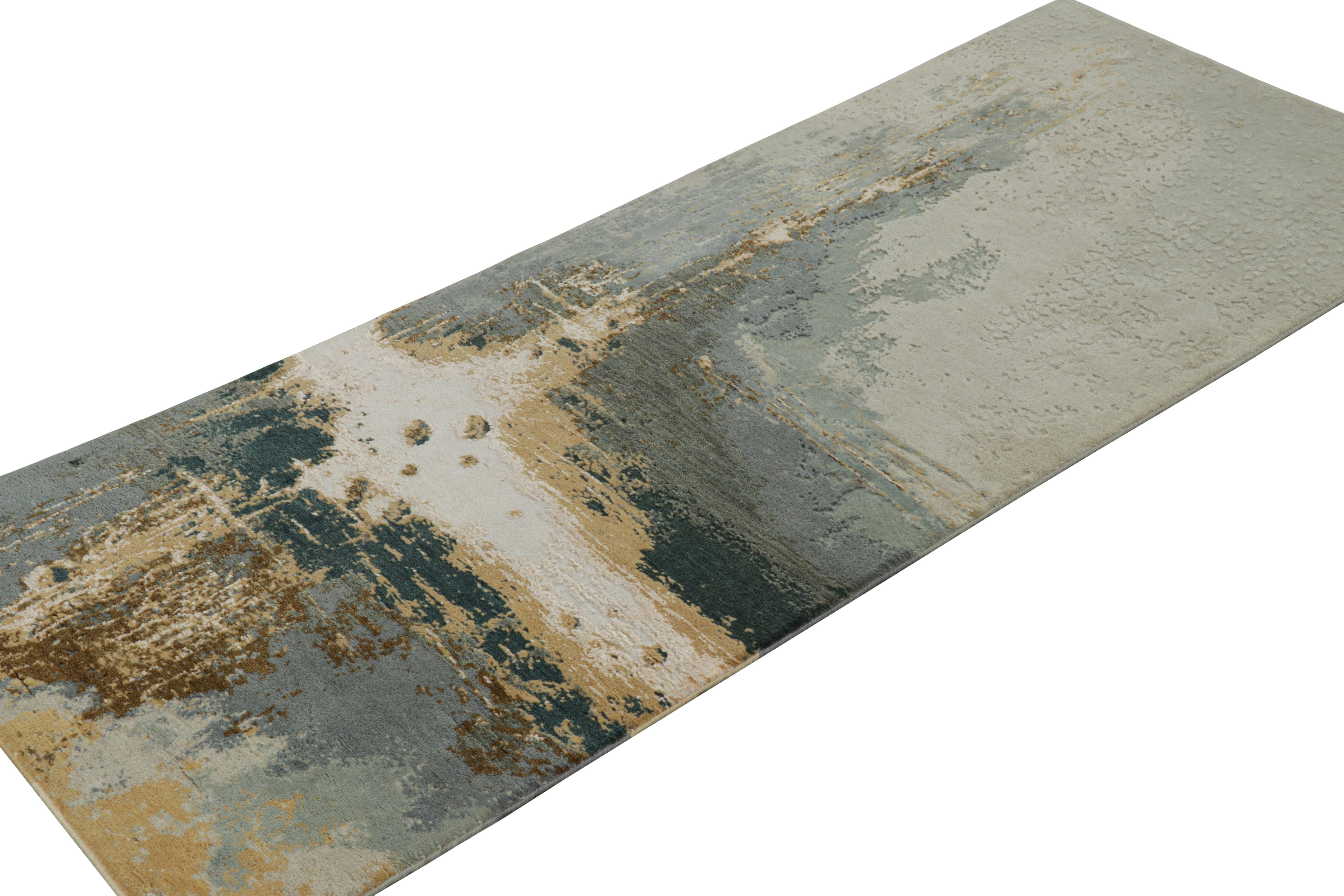 Noué à la main Tapis de course abstrait à motifs gris, or et bleu de Rug & Kilim en vente