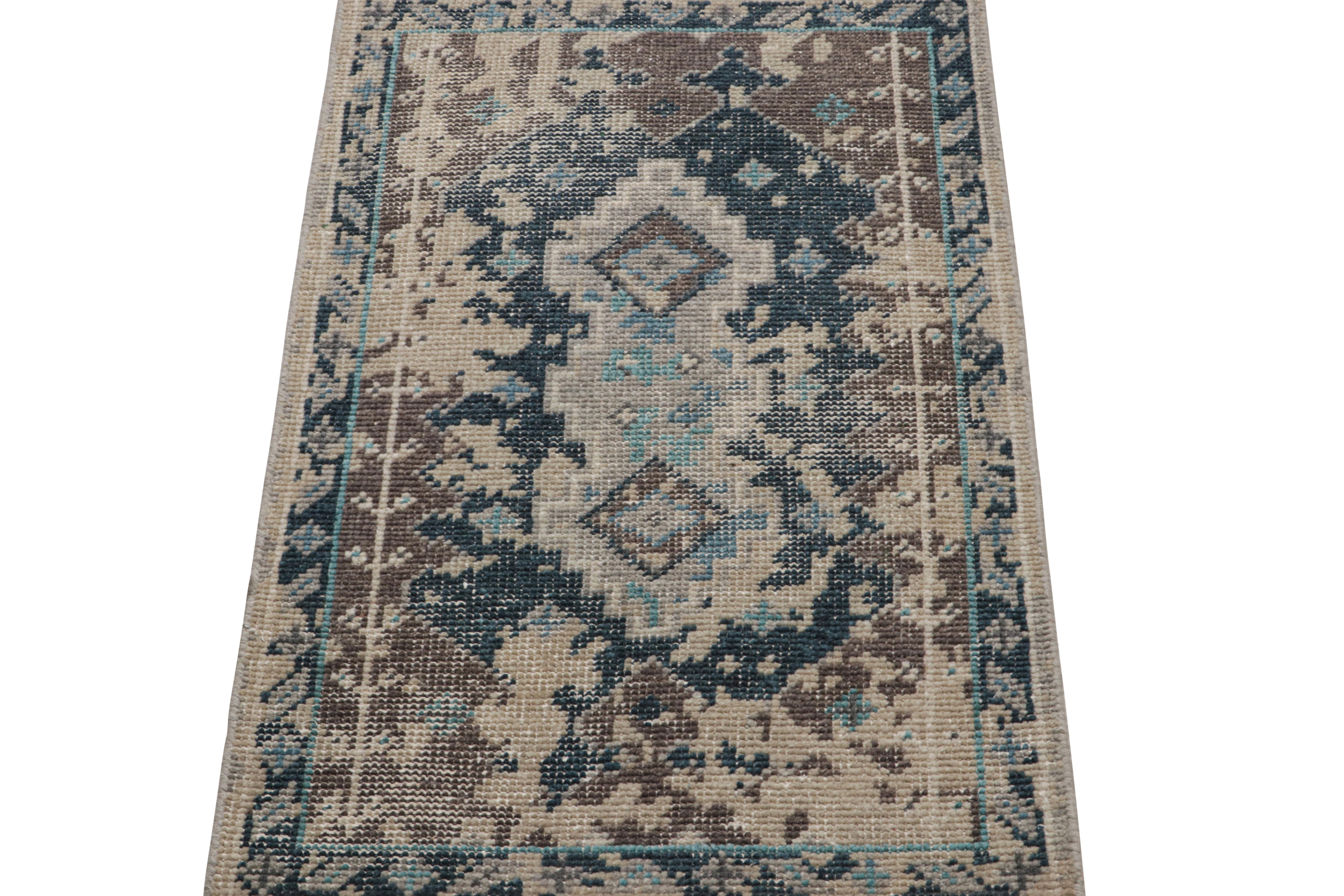 Hand-knotted in wool, this 2x3 rug from Rug & Kilim boasts an abstract approach to classic rug designs. 

On the Design: 

This design is a homage to art via abstract impressionist moods. The pattern boasts dark blue and brown underscoring geometric