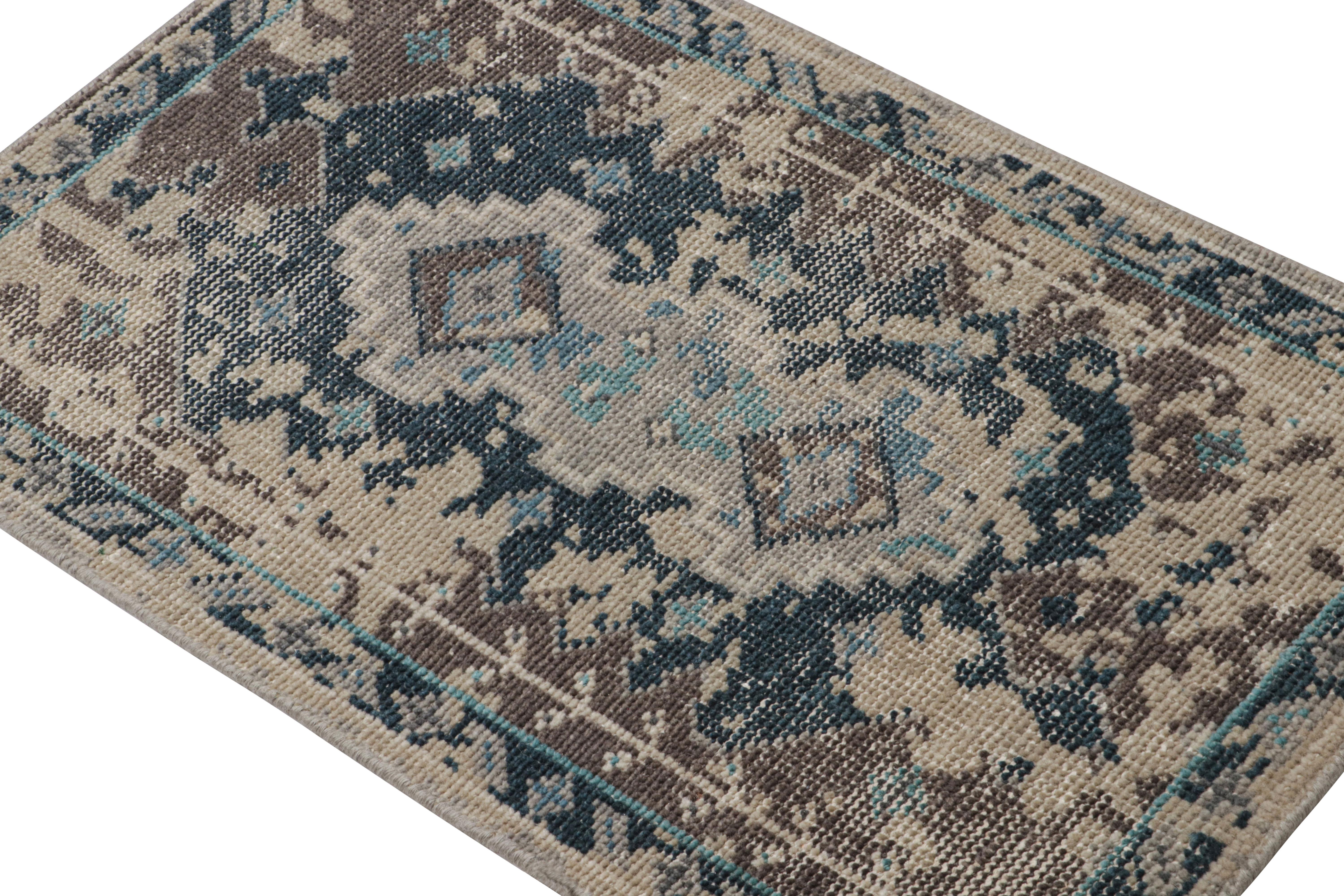 Modern Rug & Kilim’s Abstract Scatter Rug With Blue-Brown Patterns For Sale