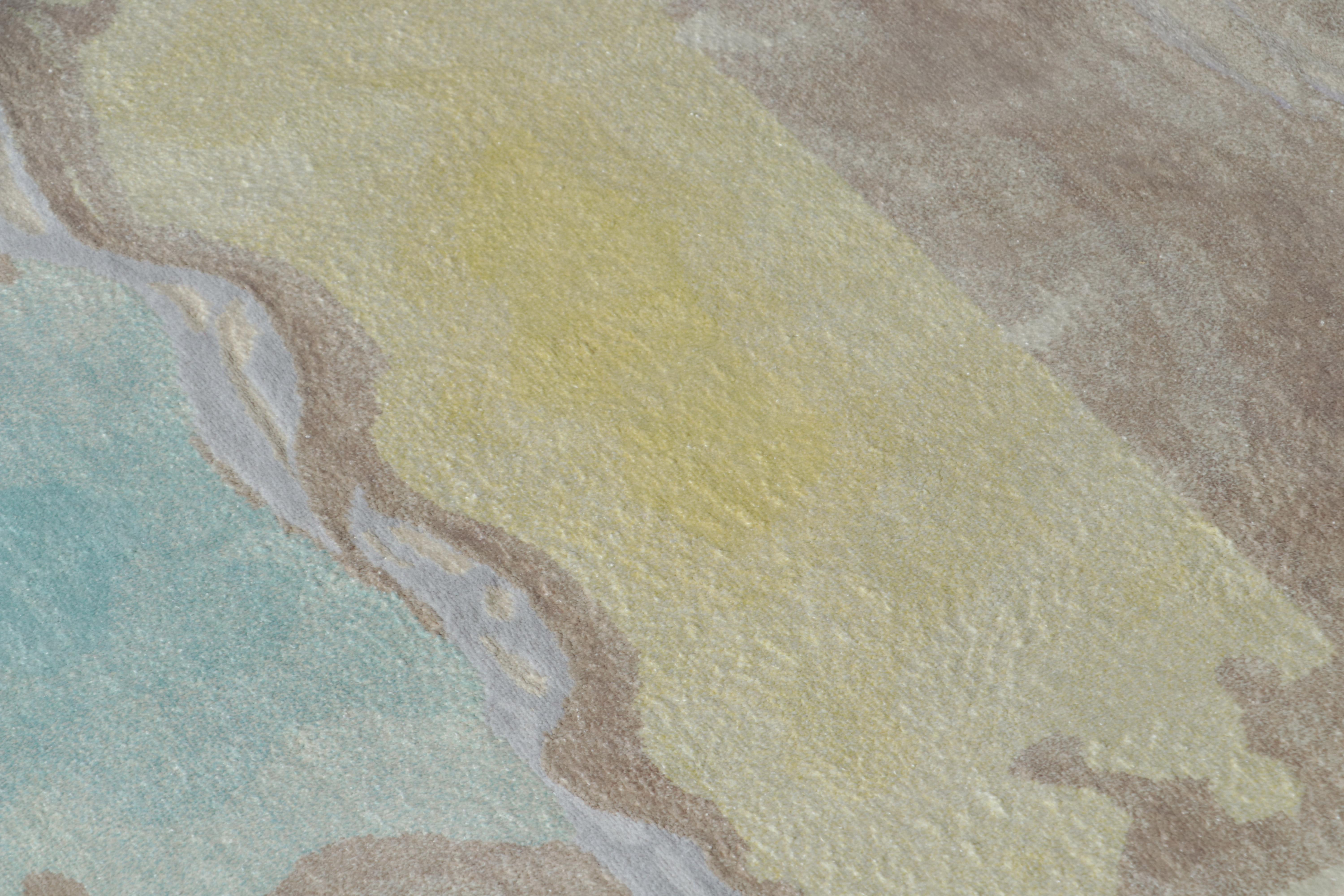 Indian Rug & Kilim’s Abstract Style Square Rug in Beige, Blue and Yellow Wavy Patterns For Sale