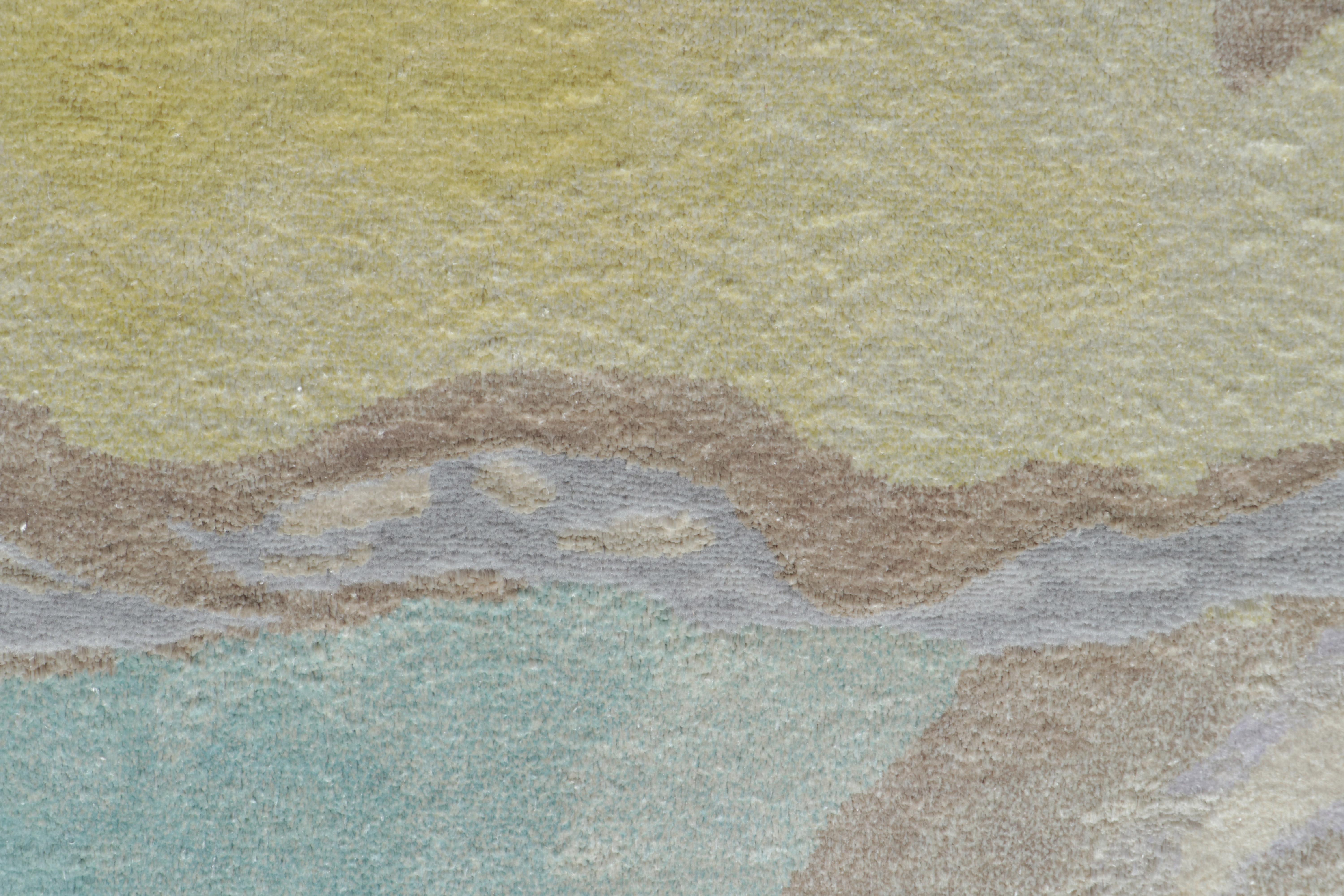 Hand-Knotted Rug & Kilim’s Abstract Style Square Rug in Beige, Blue and Yellow Wavy Patterns For Sale