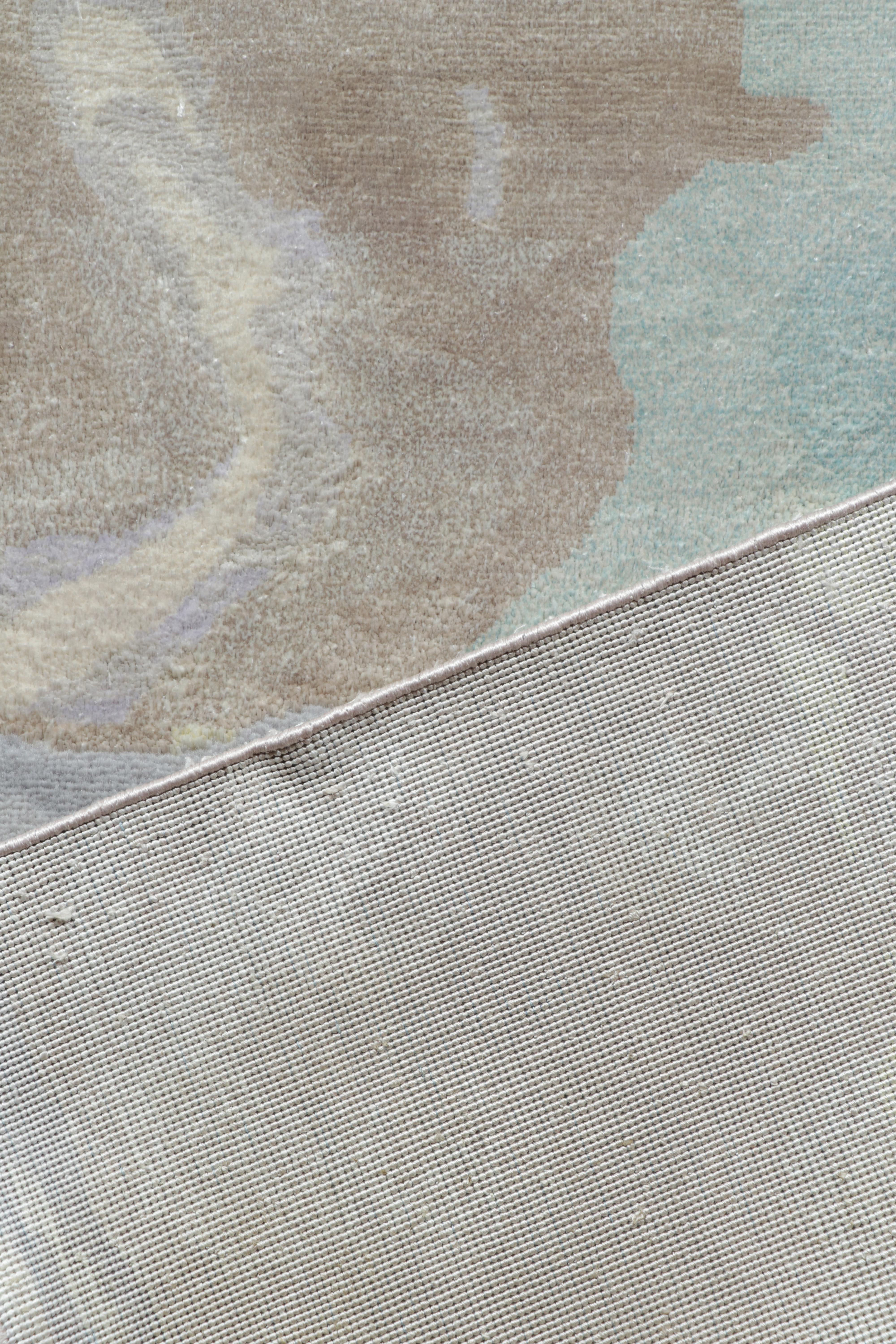 Rug & Kilim’s Abstract Style Square Rug in Beige, Blue and Yellow Wavy Patterns In New Condition For Sale In Long Island City, NY
