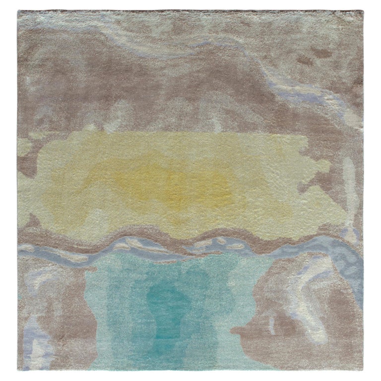 Rug & Kilim’s Abstract Style Square Rug in Beige, Blue and Yellow Wavy Patterns For Sale