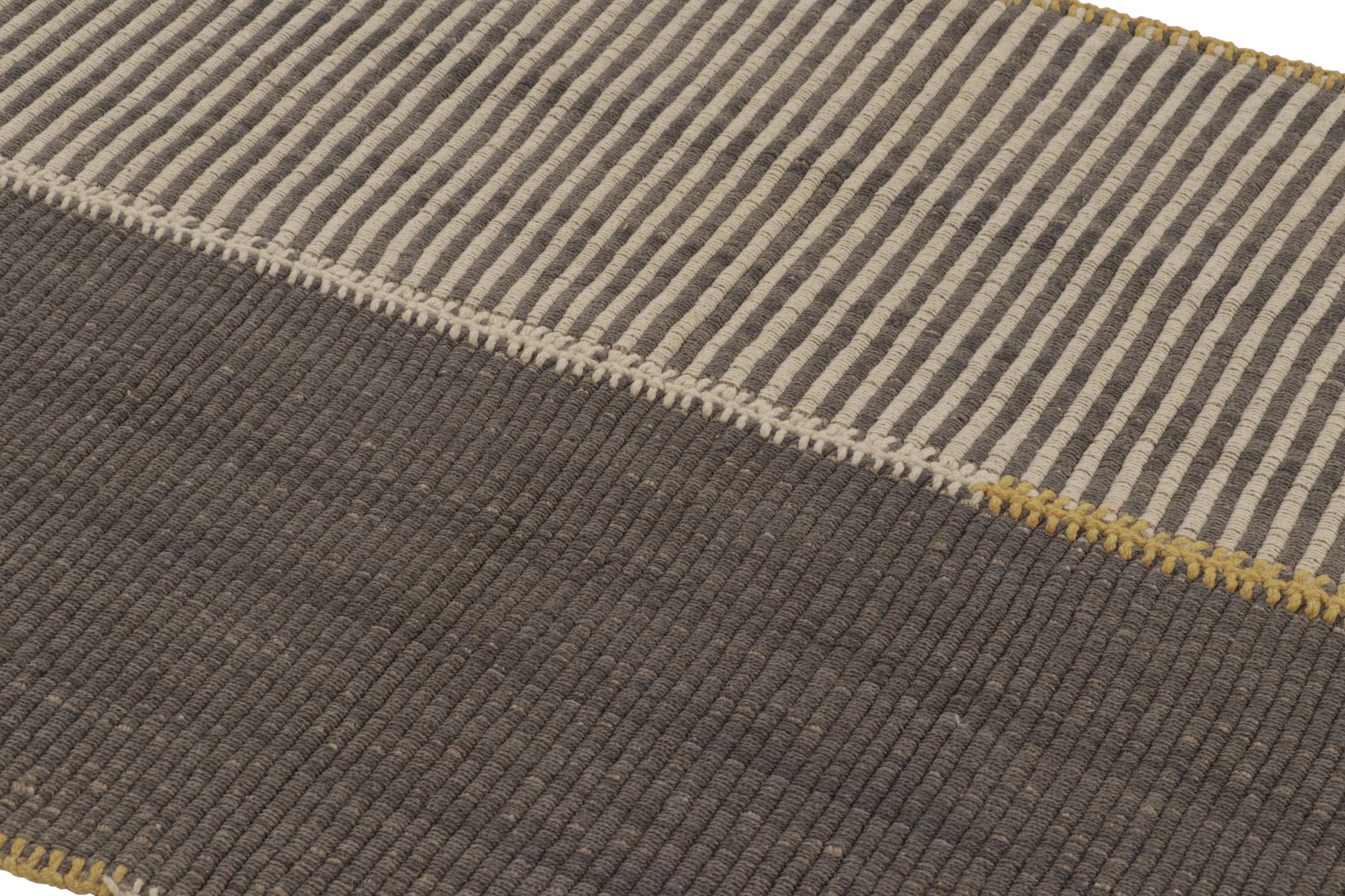 Laine Rug & Kilim's Accent Kilim, Beige-Gray Textural Stripes with Yellow Accents (en anglais) en vente