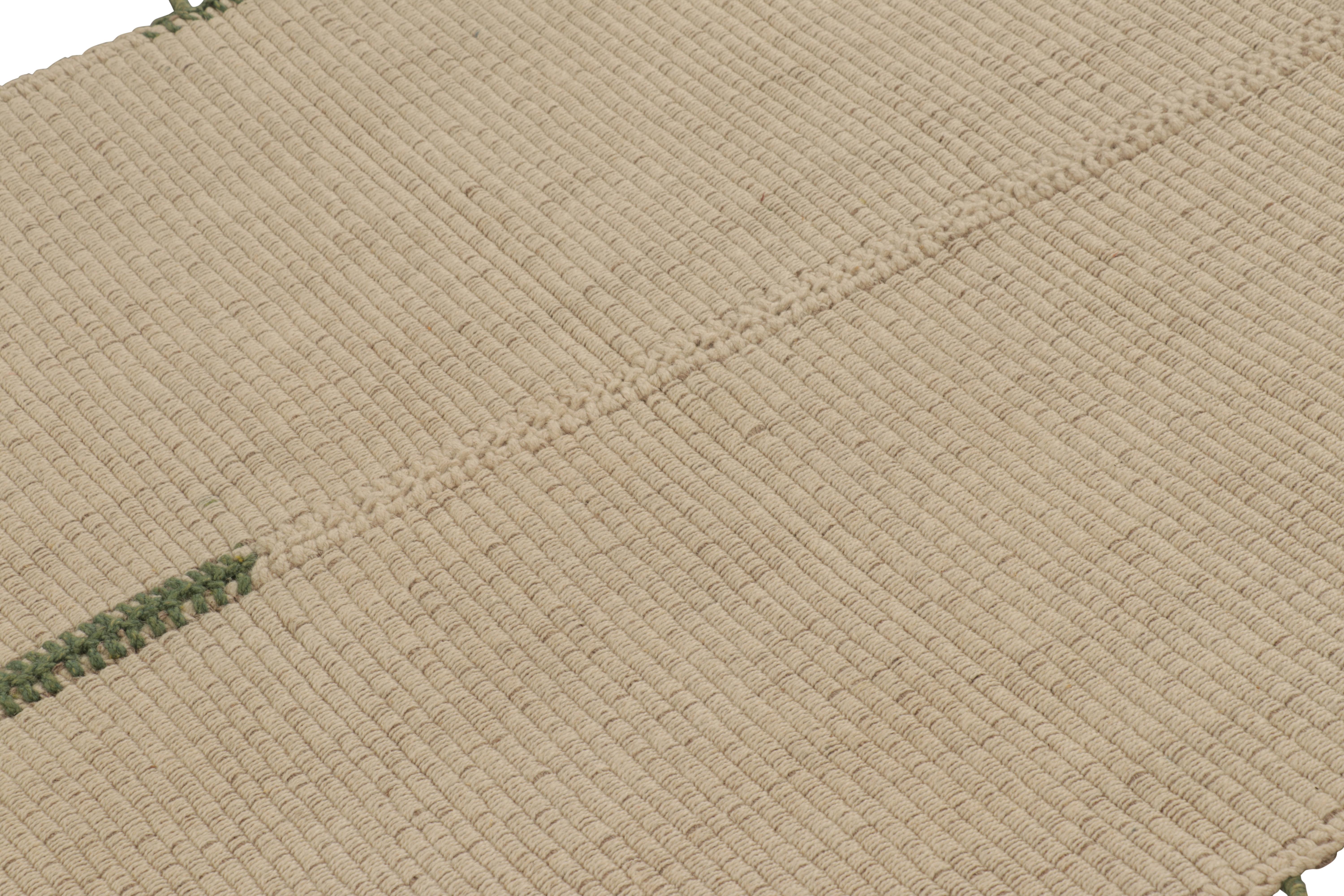  Dieser handgewebte, moderne 4x5-Kilim aus Wolle stammt aus einer aufregenden neuen Flachgewebe-Kollektion von Rug & Kilim, die nach Maß gefertigt wird.
Über das Design:
