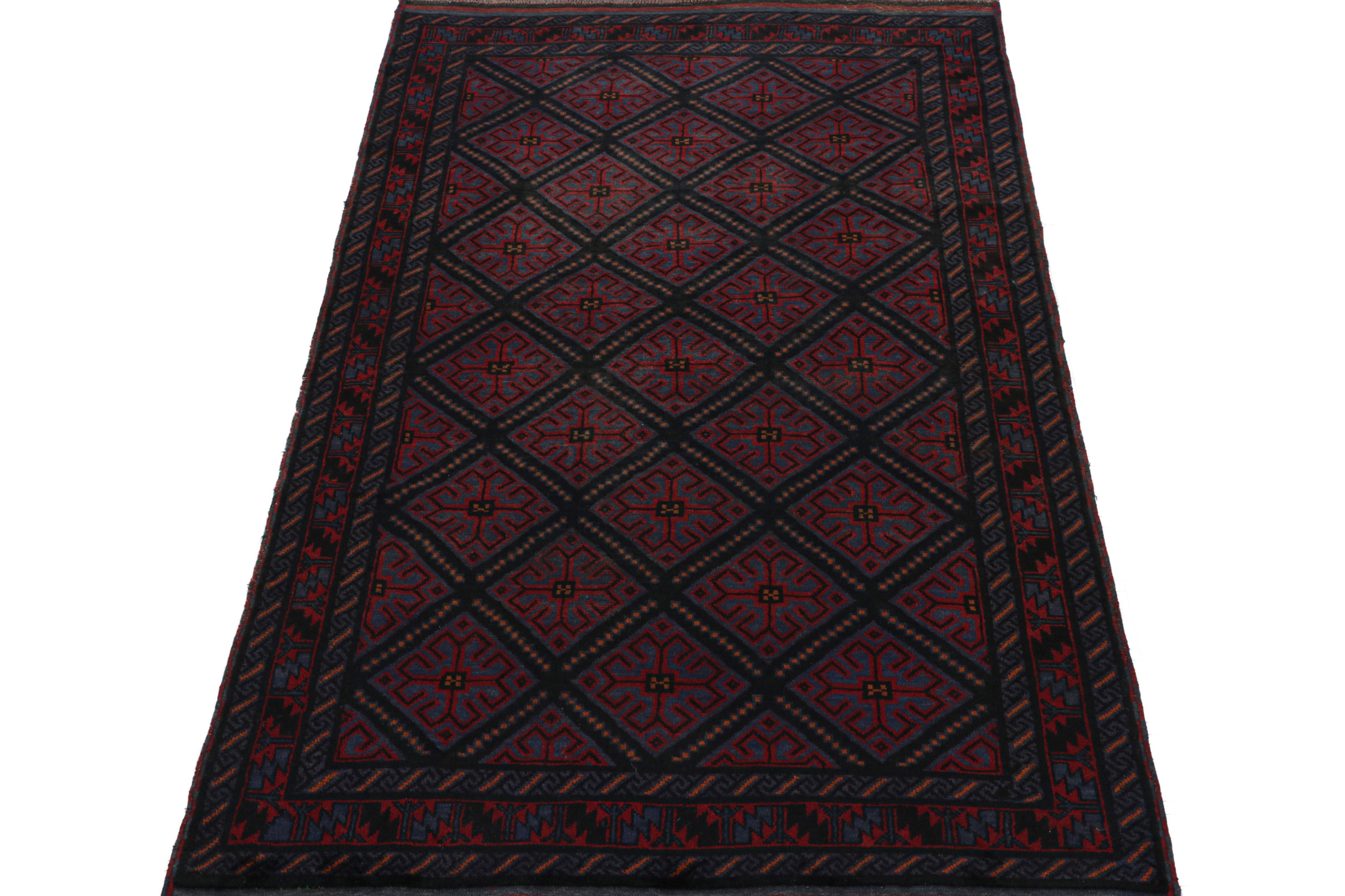 Hand-Knotted Rug & Kilim’s Afghan Baluch Tribal Rug in Burgundy and Blue Geometric Patterns For Sale