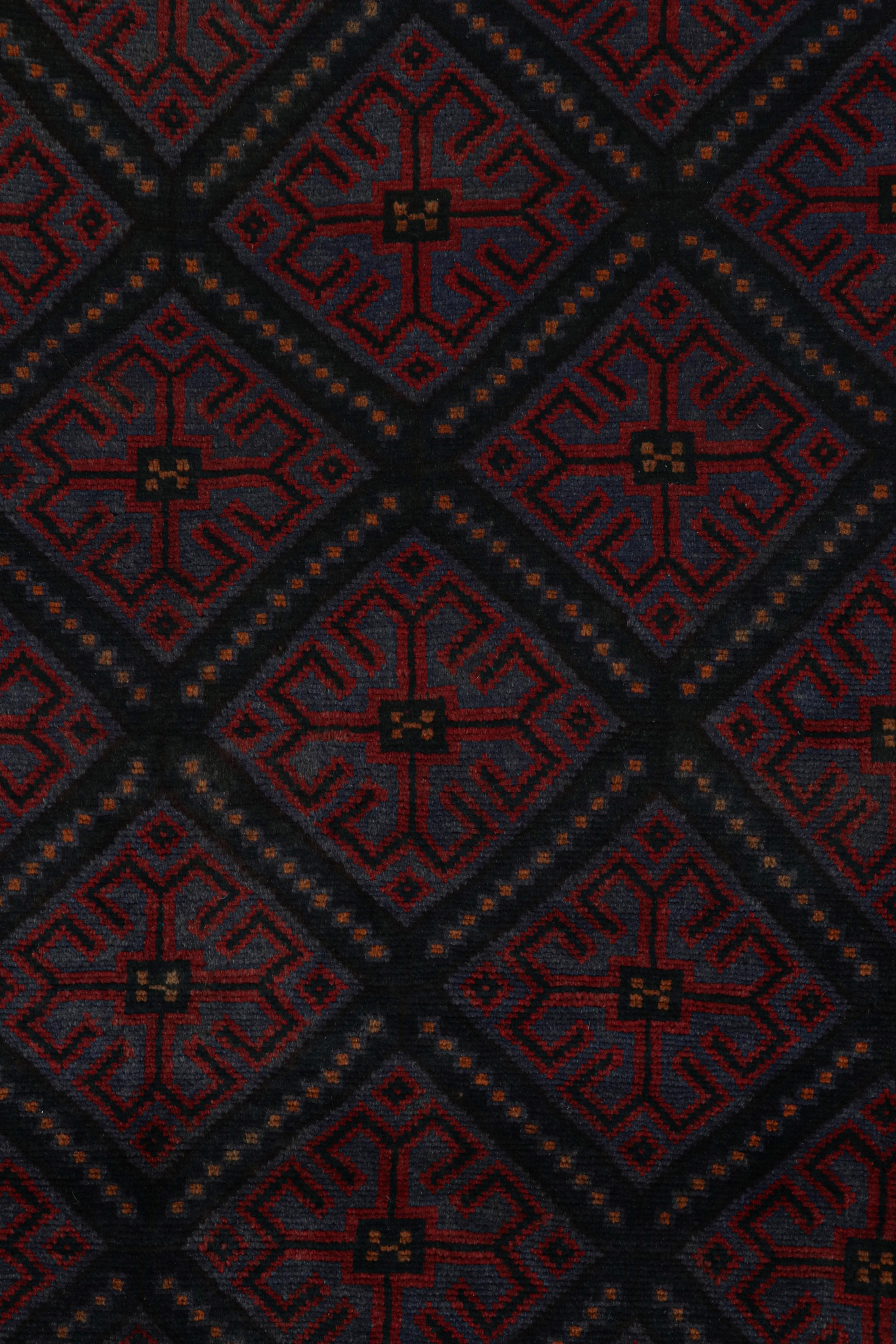 Wool Rug & Kilim’s Afghan Baluch Tribal Rug in Burgundy and Blue Geometric Patterns For Sale