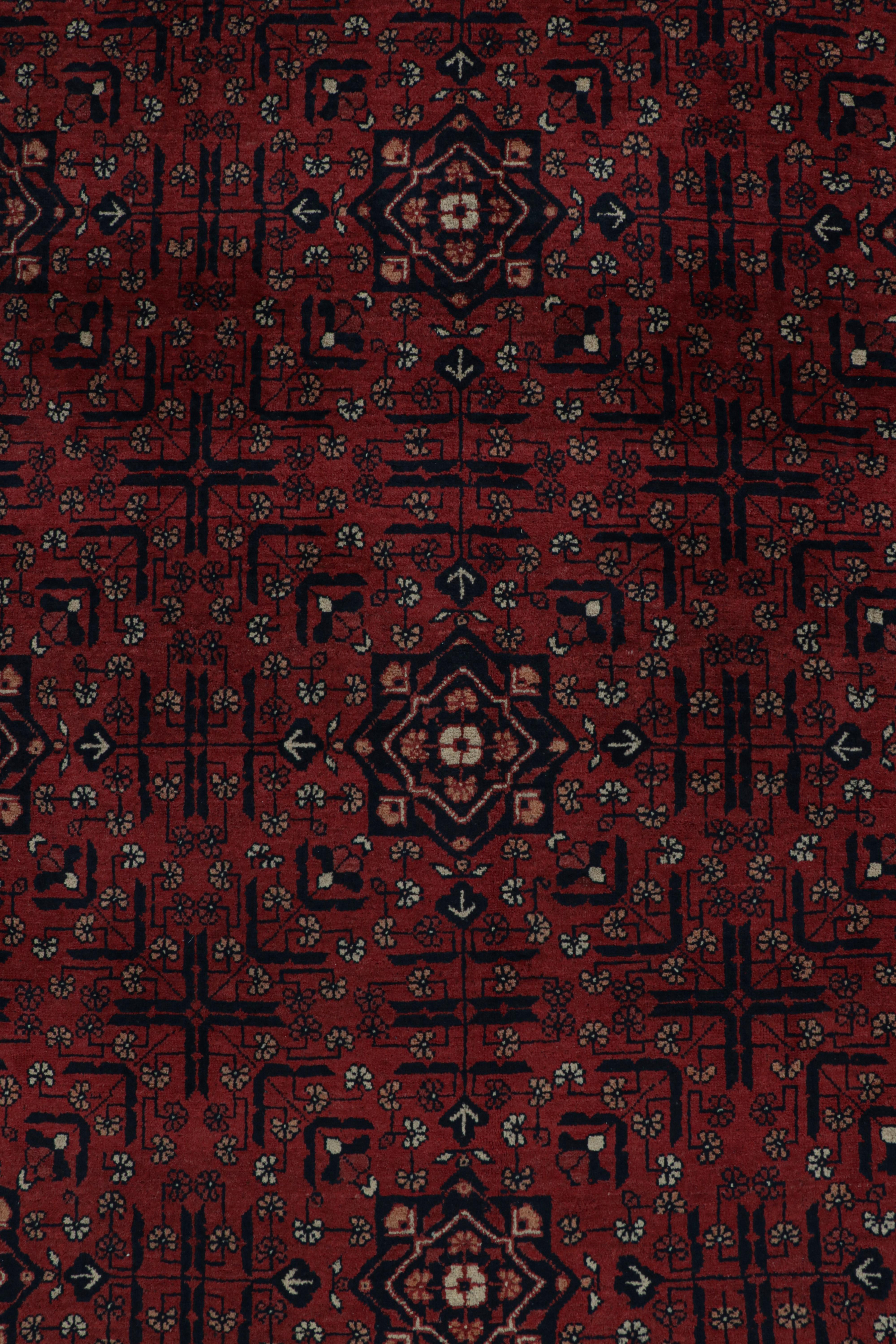 Wool Rug & Kilim’s Afghan Baluch Tribal Rug in Burgundy and Blue Geometric Patterns For Sale