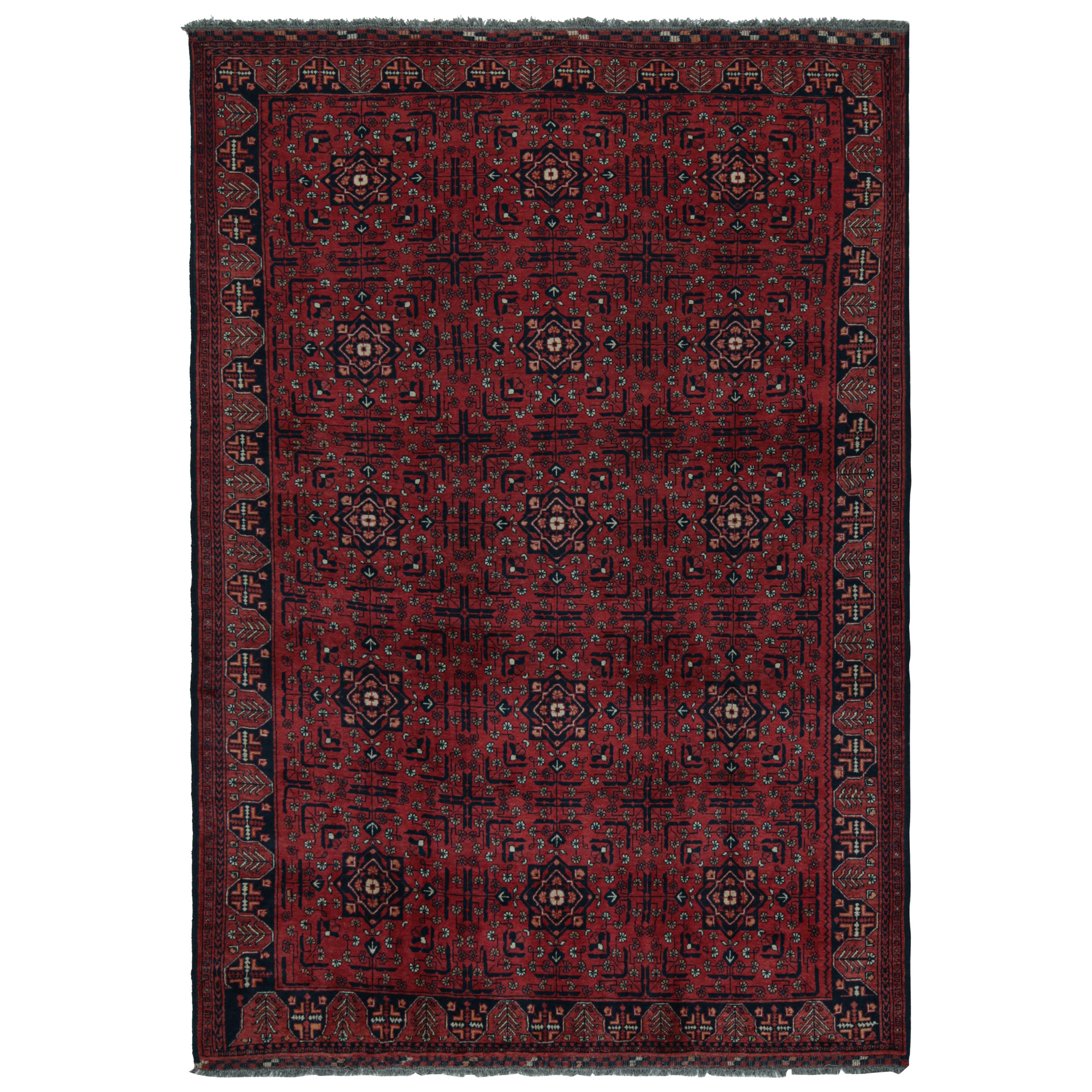 Rug & Kilim’s Afghan Baluch Tribal Rug in Burgundy and Blue Geometric Patterns For Sale