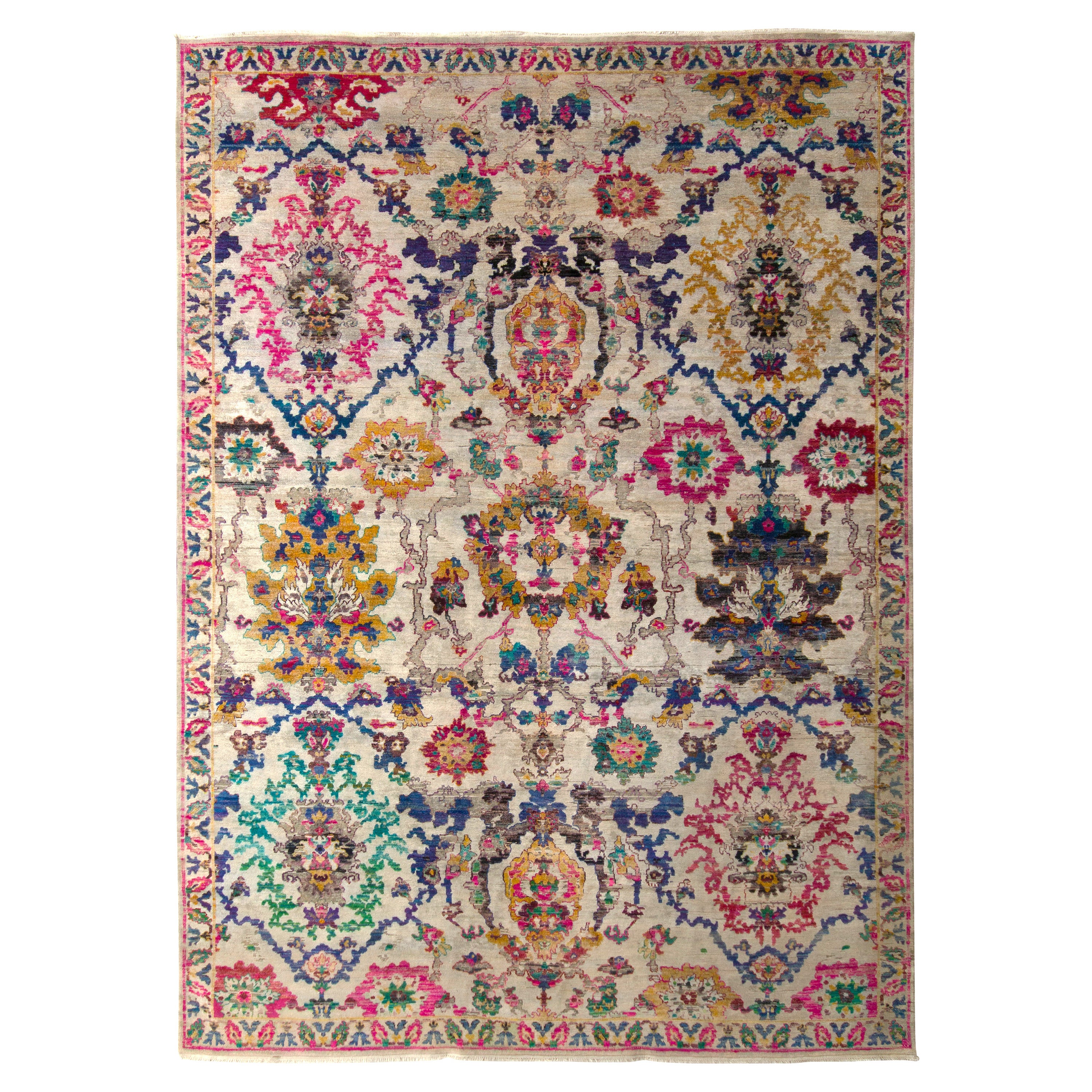 Rug & Kilim - Tappeto floreale Agra in beige, oro e rosa con motivo floreale. in vendita
