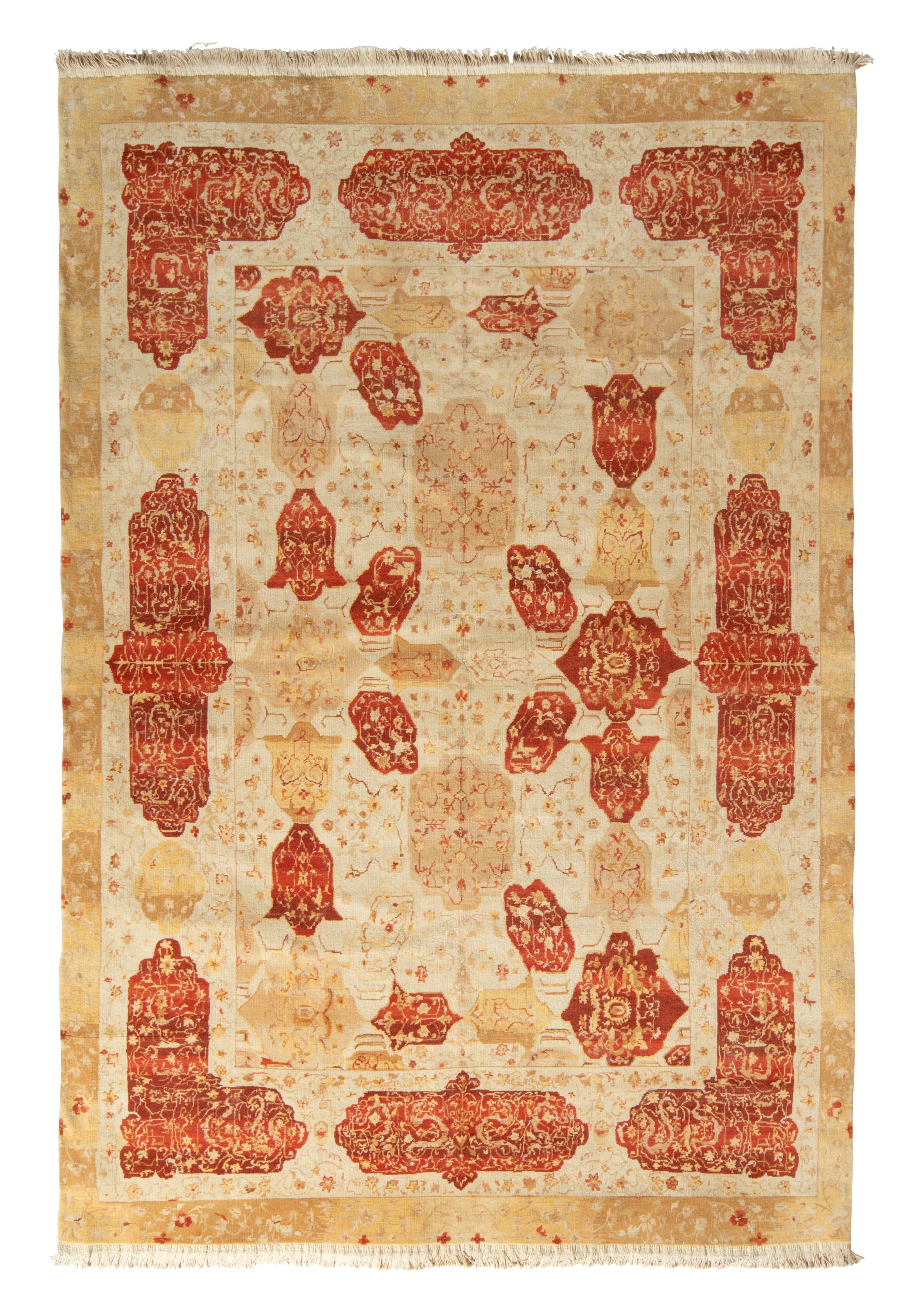 Rug & Kilim’s Classic Agra style rug in Beige-Brown and Red Floral Cartouches For Sale