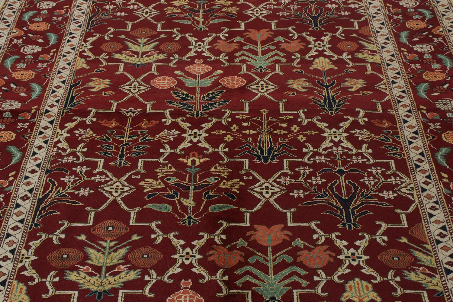 Egyptian Rug & Kilim’s Agra Style Rug in an All over Red, Green Trellis Floral Pattern For Sale