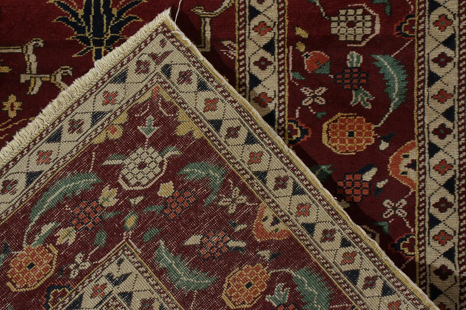 Contemporary Rug & Kilim’s Agra Style Rug in an All over Red, Green Trellis Floral Pattern For Sale