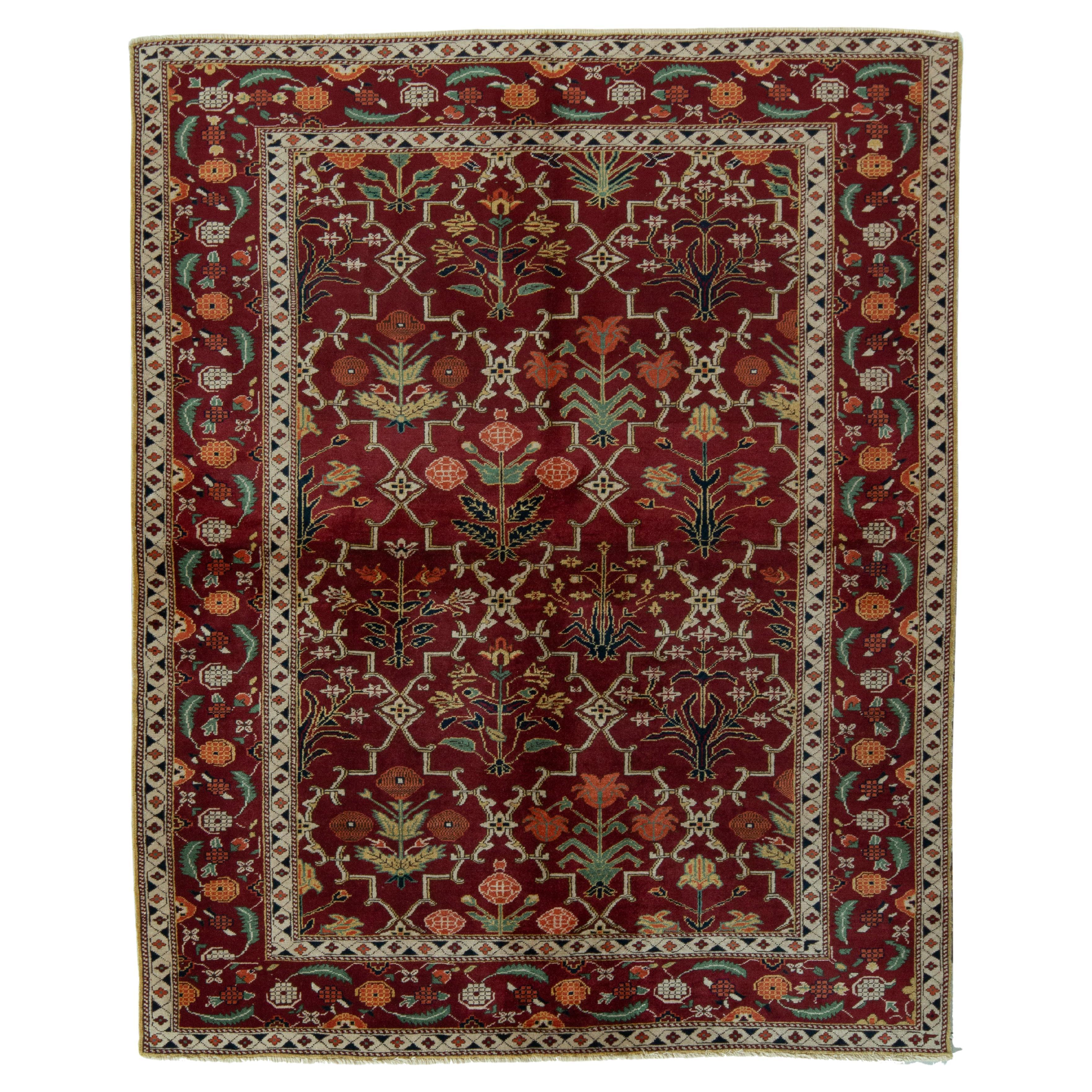 Rug & Kilim’s Agra Style Rug in an All over Red, Green Trellis Floral Pattern For Sale