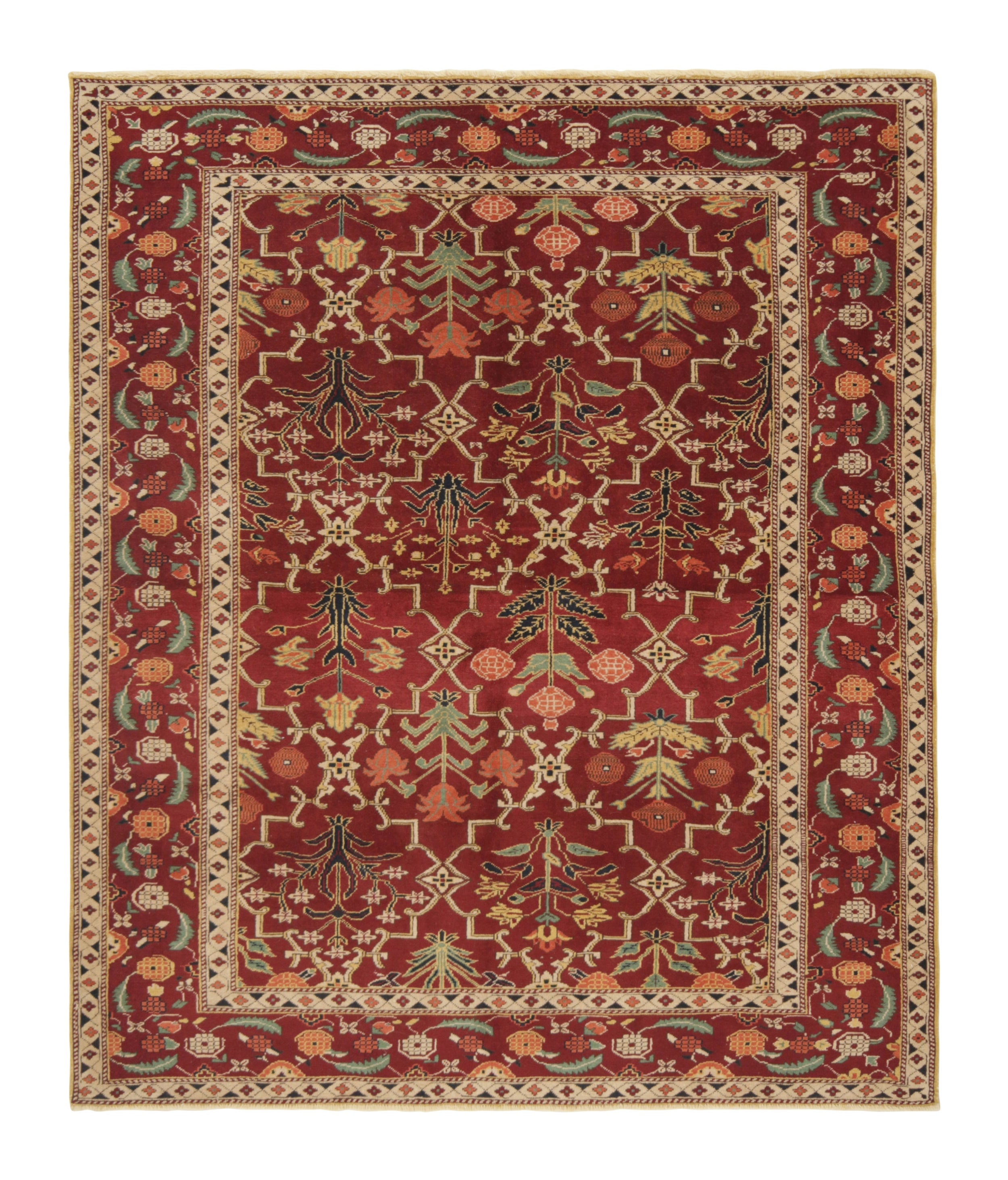 Rug & Kilim’s Agra Style Rug in Red and Green with Trellis Floral Patterns For Sale