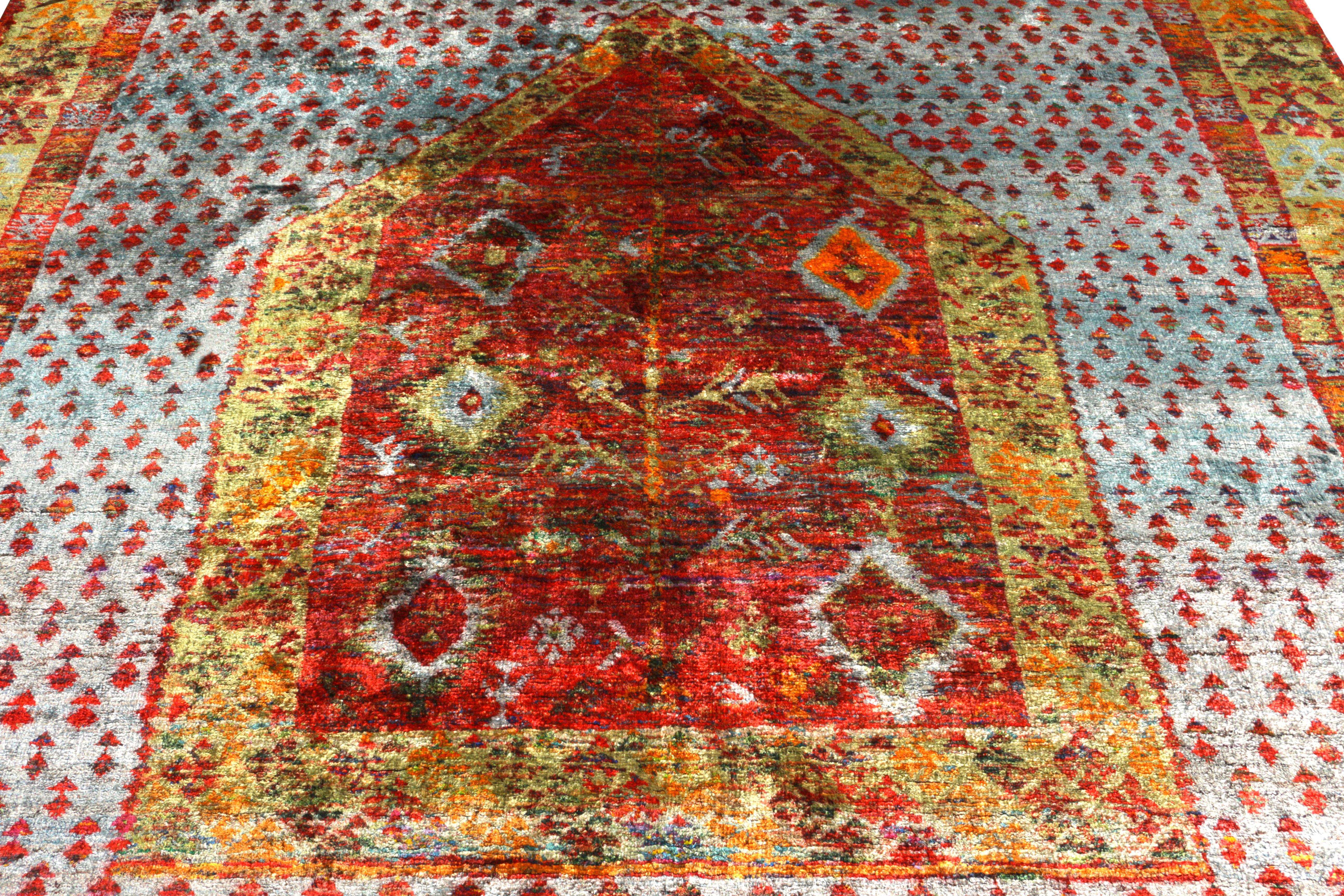 Rug & Kilim's Anatolian Style Reiner Seidenteppich Blau Gold und Rot Geometrisches Muster (Stammeskunst) im Angebot