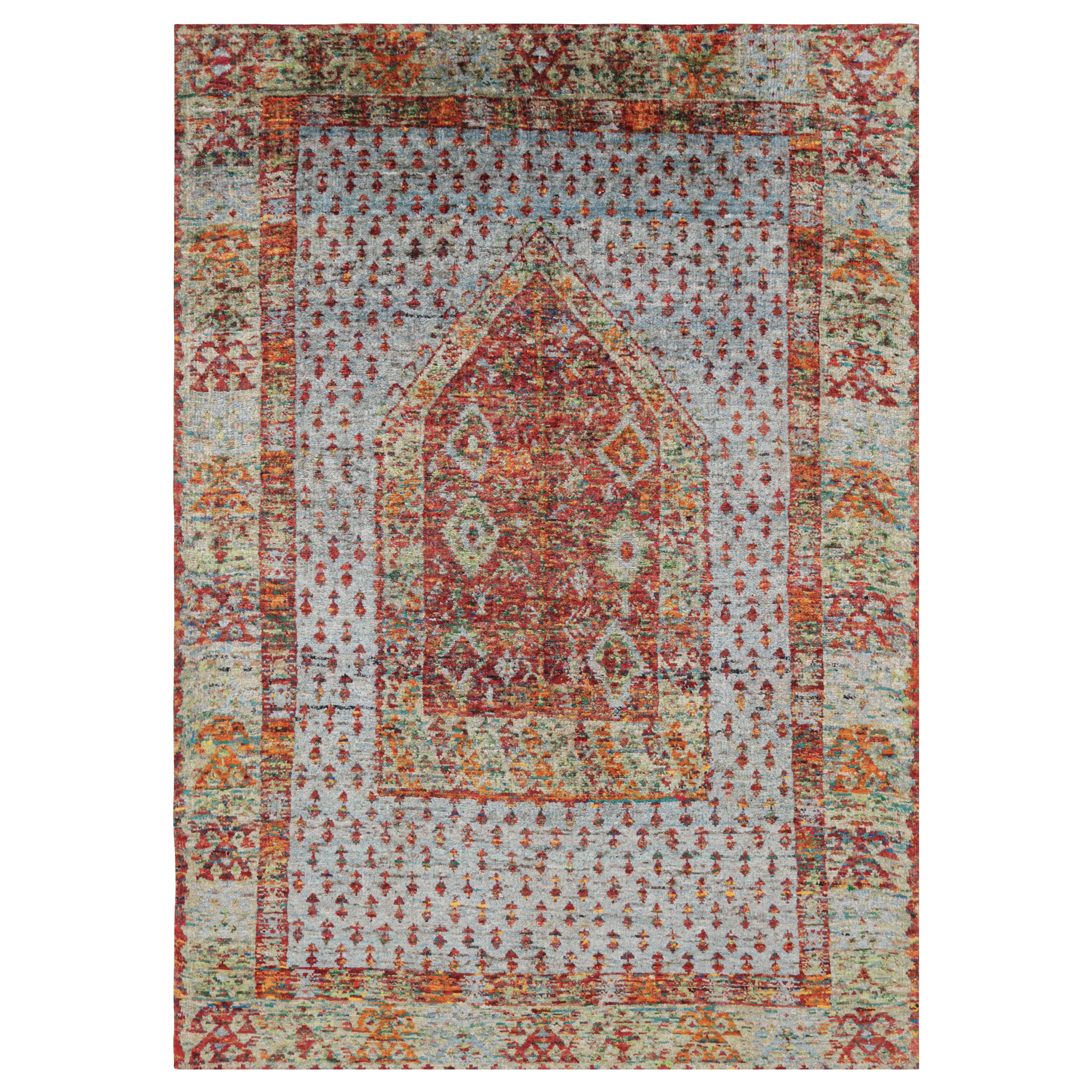 Rug & Kilim's Anatolian Style Reiner Seidenteppich Rot und Blau Geometrisches Muster