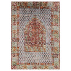 Rug & Kilim's Anatolian Style Pure Silk Rug Red and Blue Geometric Pattern (tapis en soie rouge et bleu)