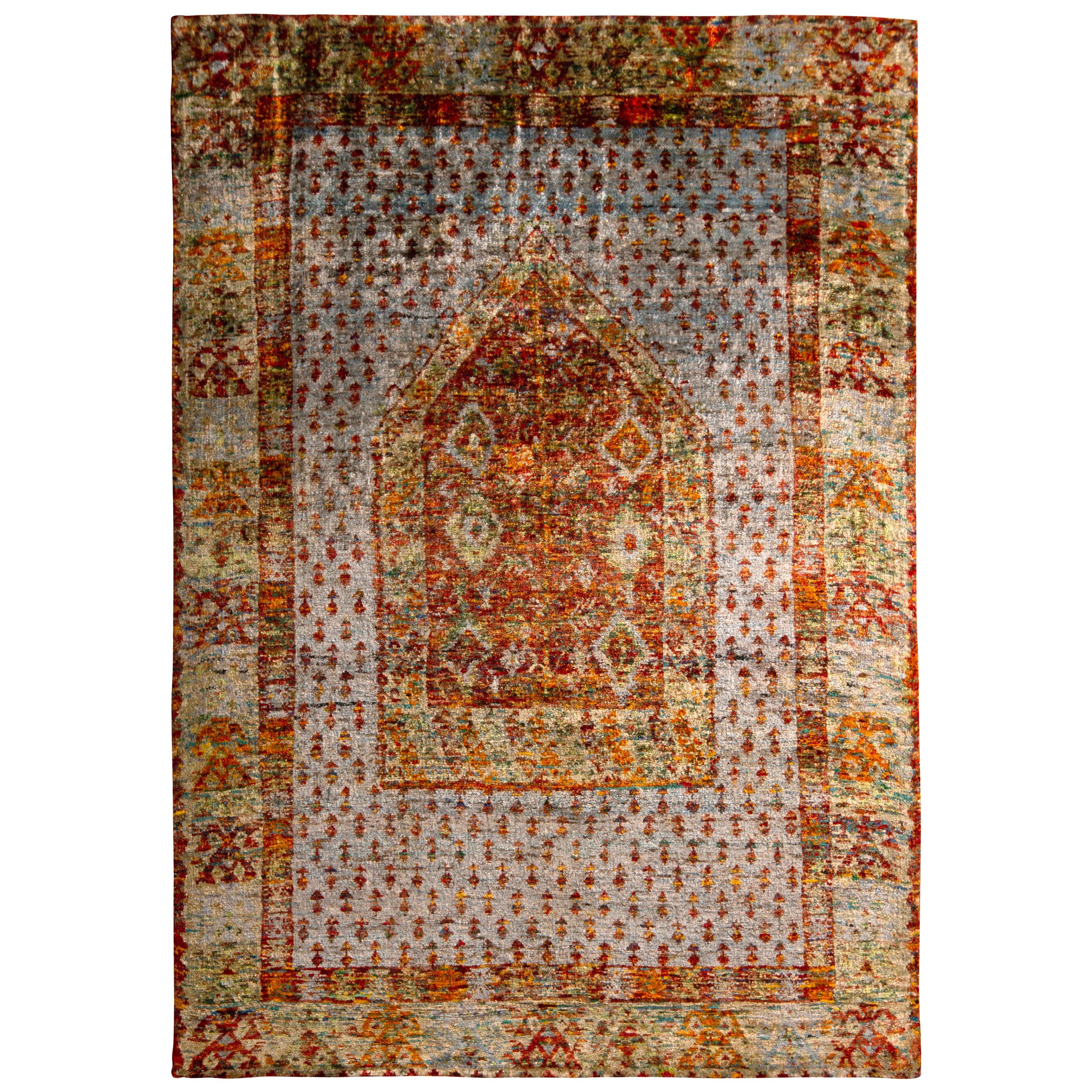 Rug & Kilim's Anatolian Style Pure Silk Rug Red and Blue Geometric Pattern For Sale
