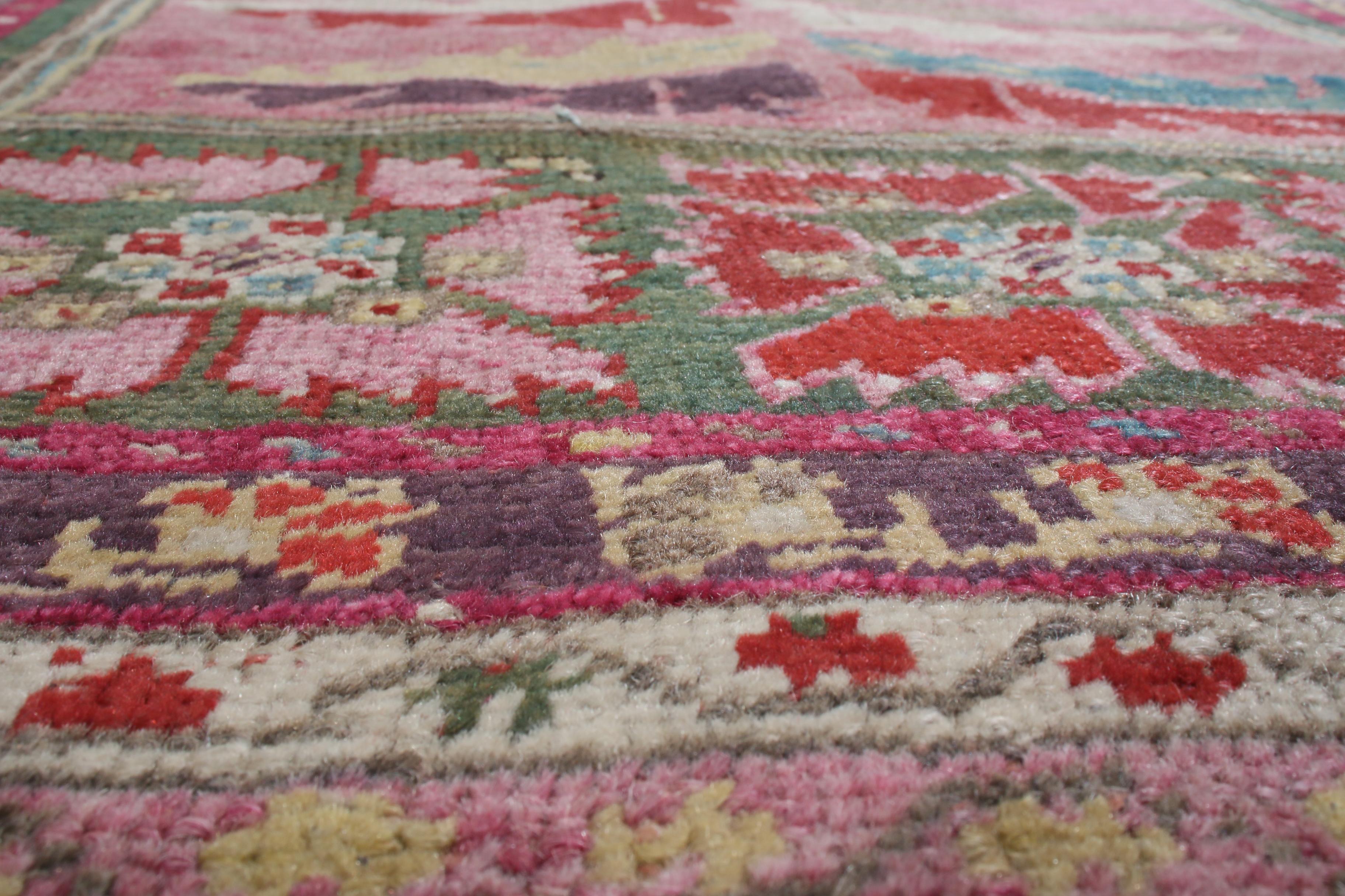 Turkish Antique Anatolian Transitional Rug in Pink and Green Geometric by Rug & Kilim For Sale