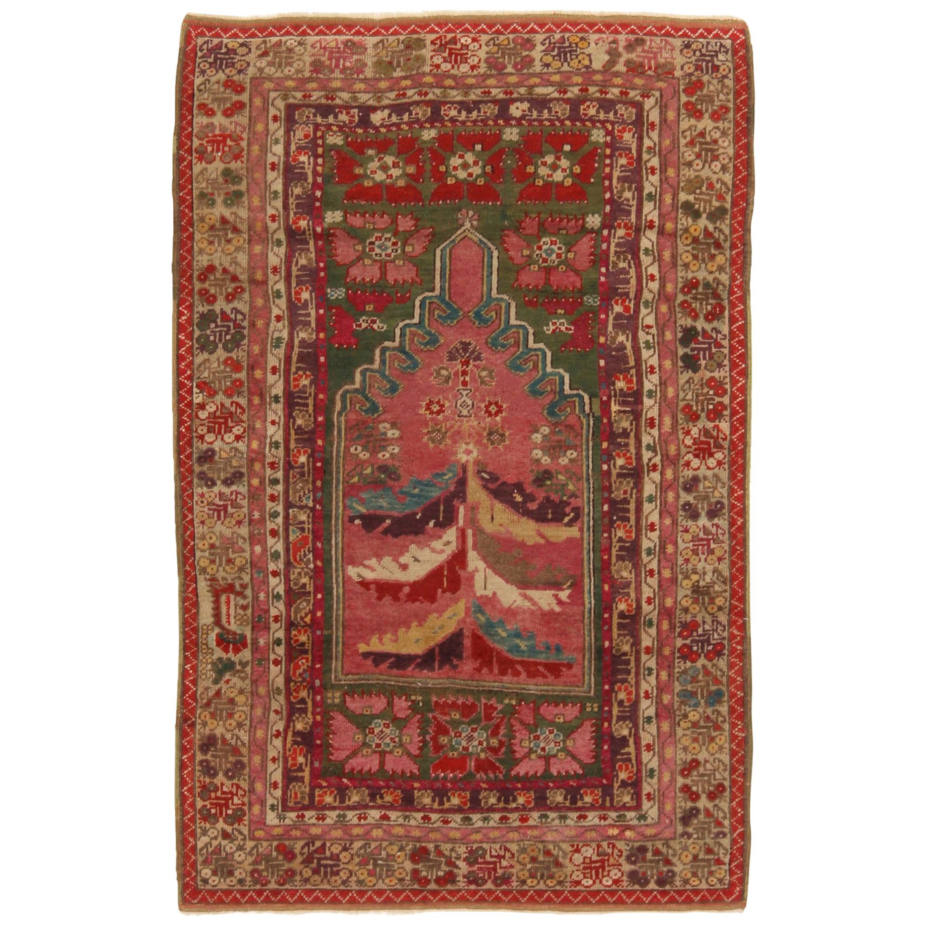 Antique Anatolian Transitional Rug in Pink and Green Geometric by Rug & Kilim For Sale