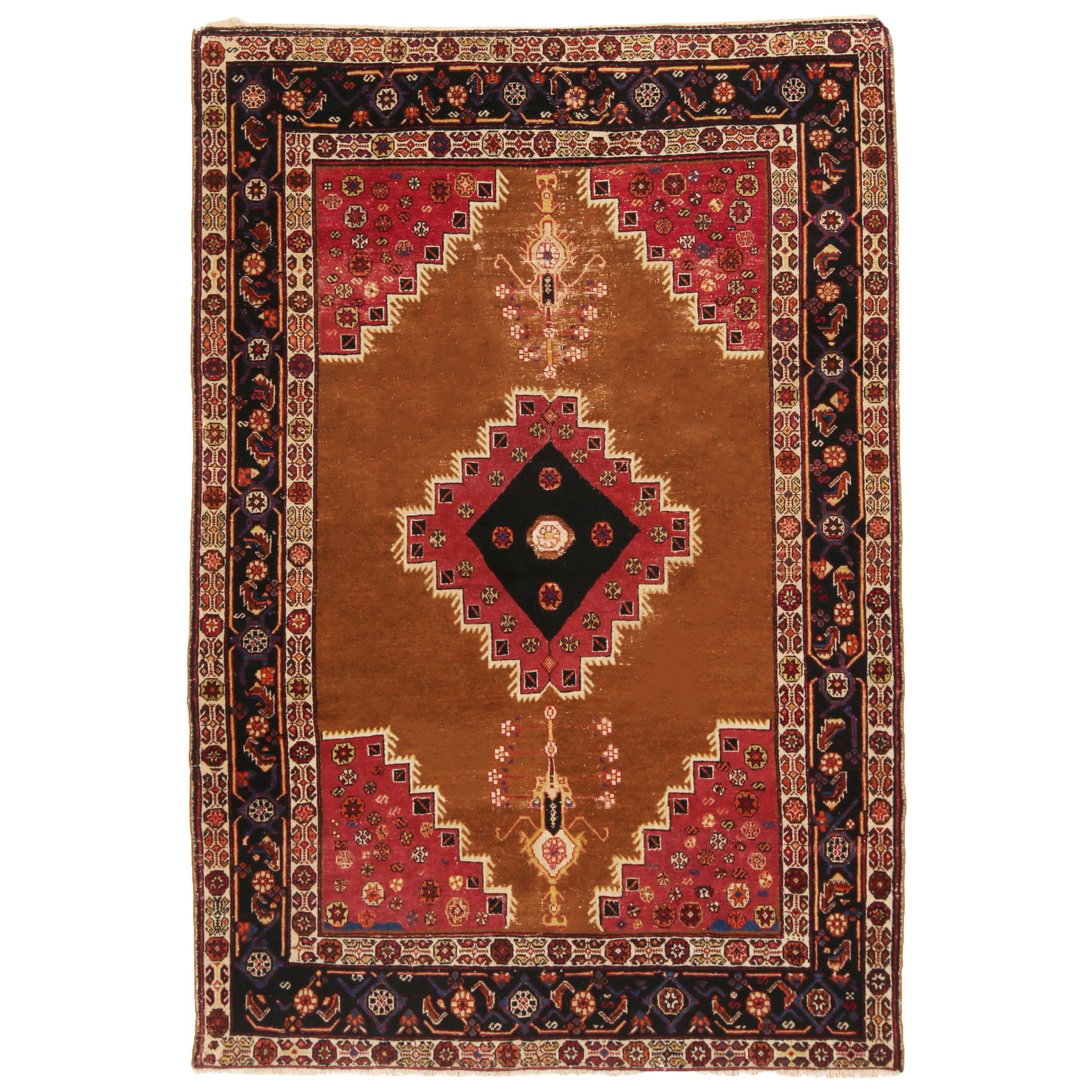 Antique Bakhtiari Transitional Red and Copper Brown Geometric Rug by Rug & Kilim For Sale