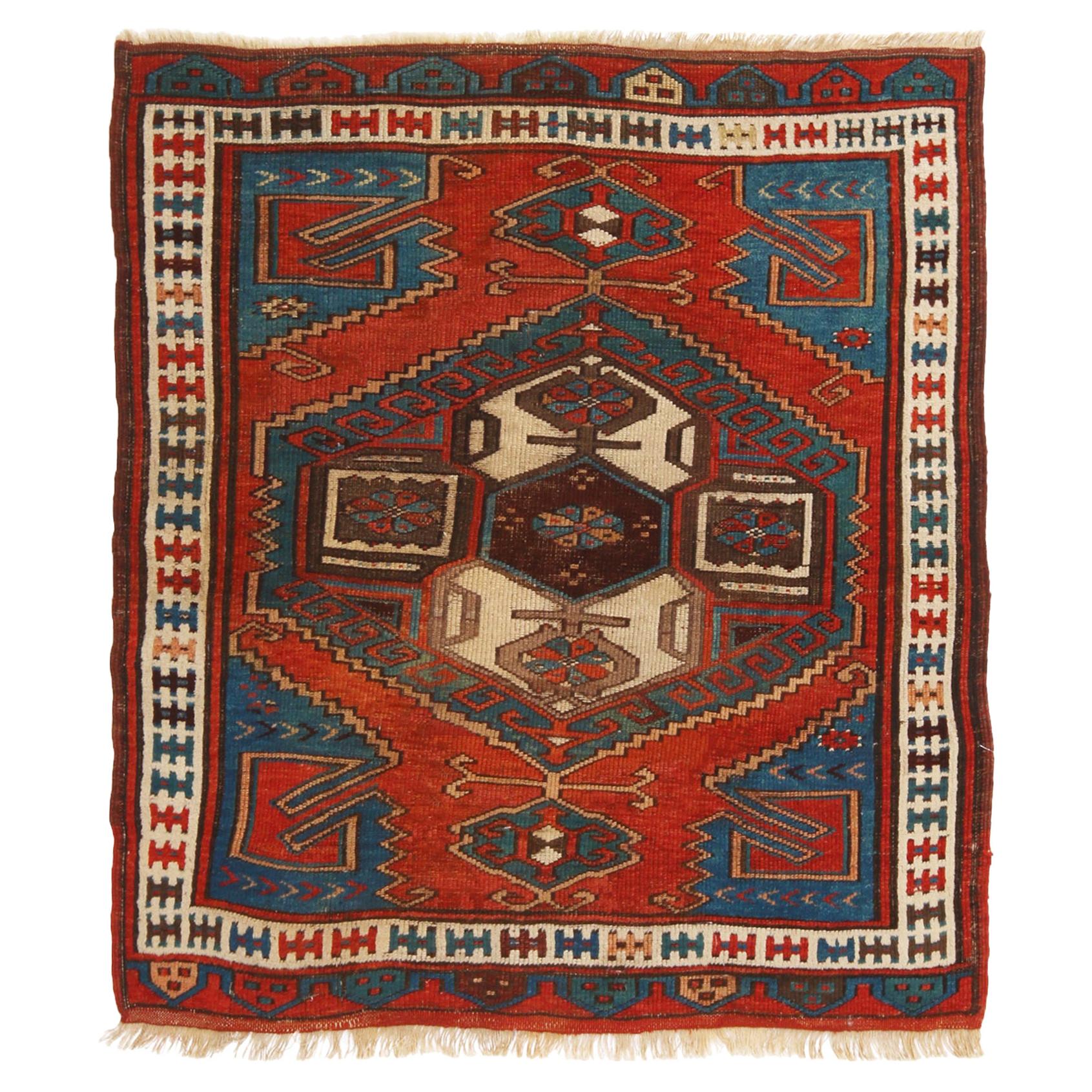 Antique Bergama Traditional Rug in Red and Blue Geometric Pattern by Rug & Kilim