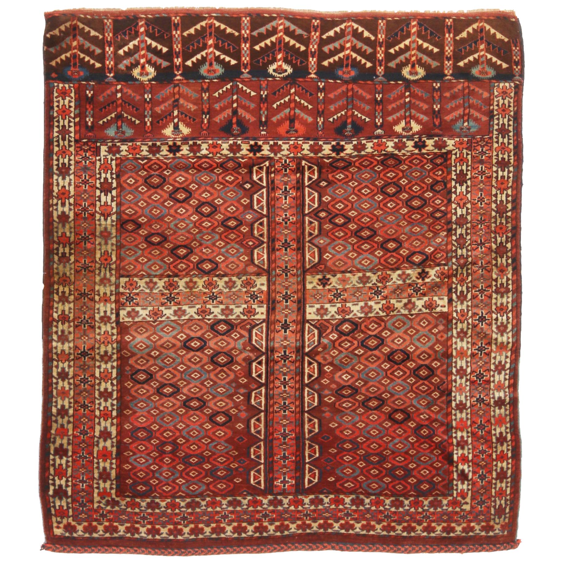 Alfombra antigua de transición Hachli en rojo, estampado geométrico beige by Rug & Kilim en venta