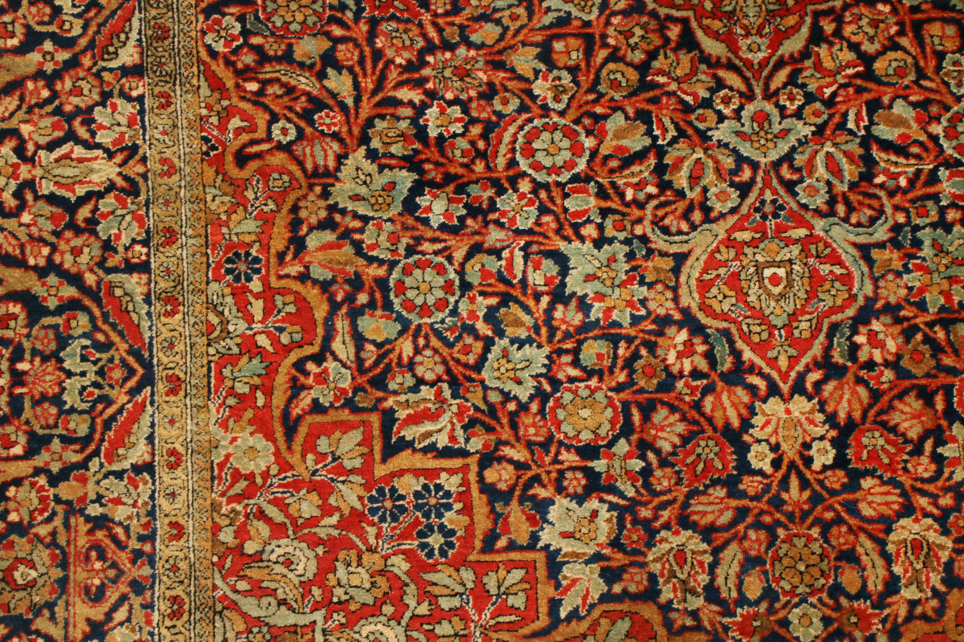 Persian Antique Kashan Traditional Rug in Red and Blue Floral Pattern by Rug & Kilim For Sale