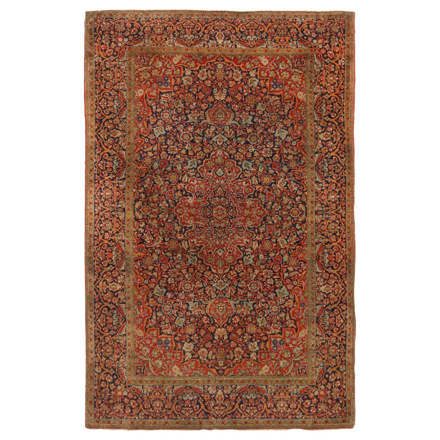 Antiker antiker Kashaner traditioneller Teppich mit rotem und blauem Blumenmuster von Teppich & Kelim