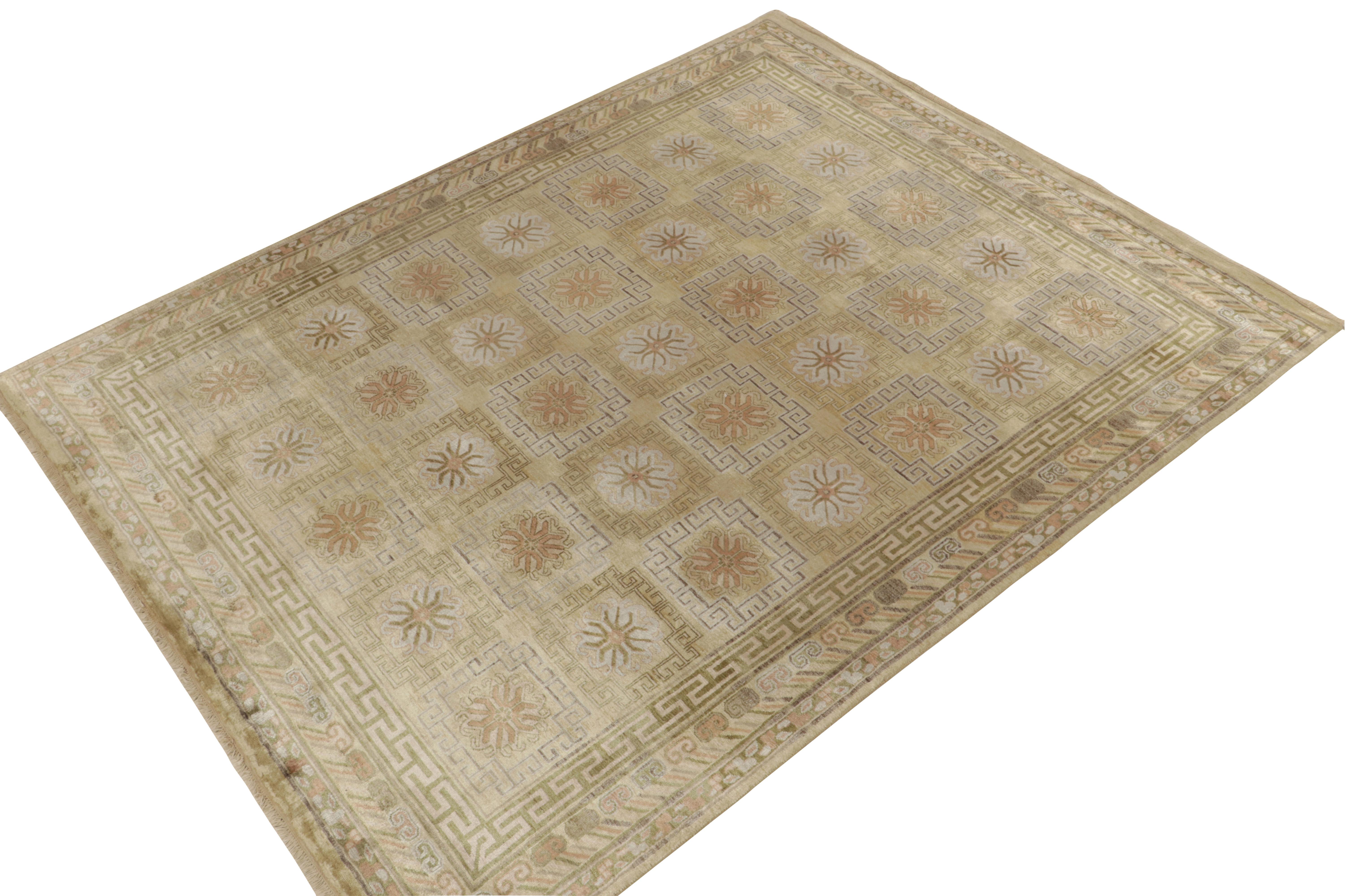 Handknotted in luxurious silk, this 8x10 rug from our Modern Classics collection is particularly inspired by antique Khotan-Samarkand rugs.

On the Design: A gracious scale hosts an alluring gold and beige-brown undertone, playing with the silk’s