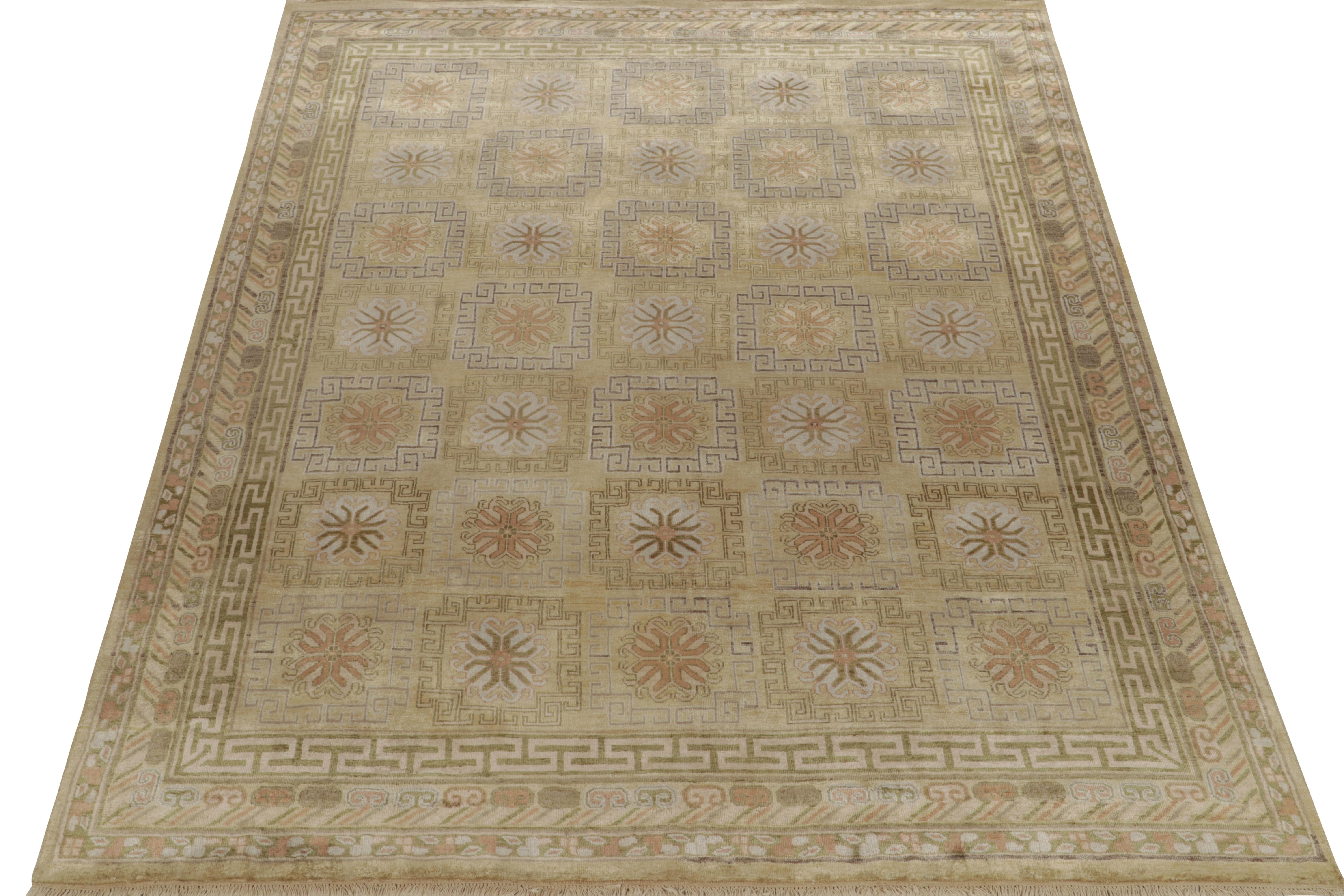 Indian Rug & Kilim’s Antique Khotan style rug in Gold & Beige-Brown Geometric Patterns For Sale