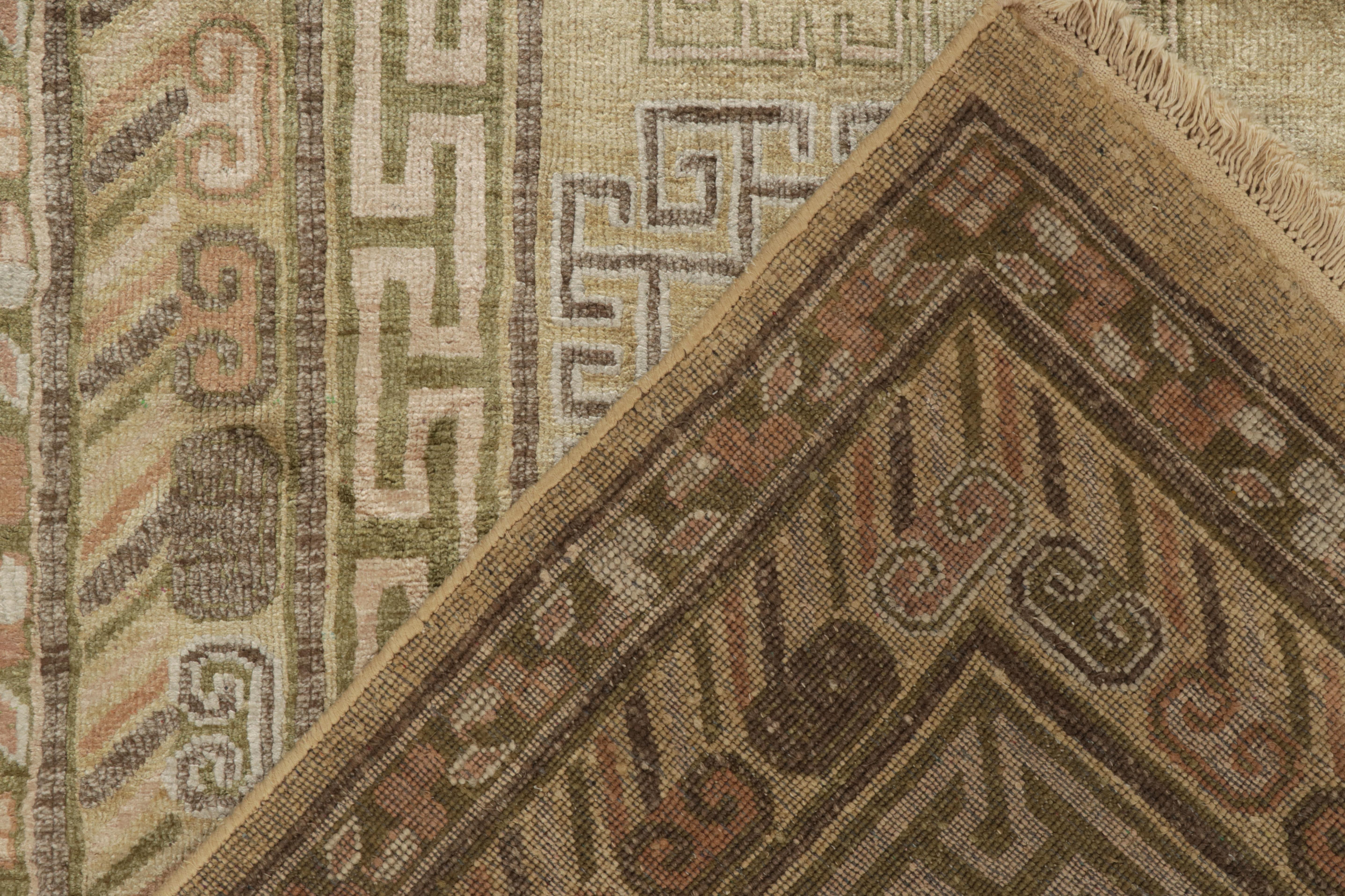 Silk Rug & Kilim’s Antique Khotan style rug in Gold & Beige-Brown Geometric Patterns For Sale