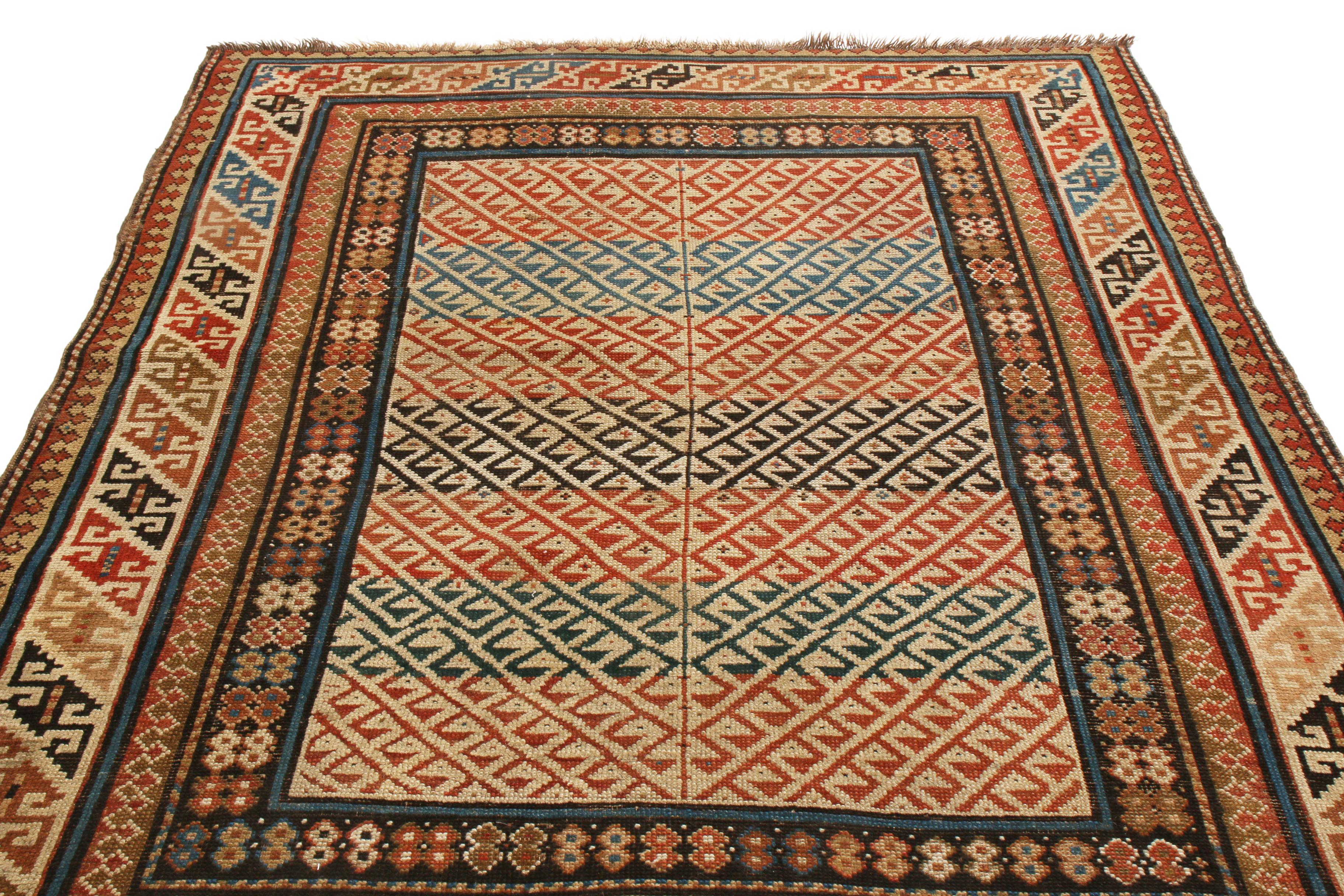 Originating from Russia between 1880-1890, this antique traditional Kuba rug features a unique interpretation of distinct oriental symbols. Hand knotted in high-quality wool, the field design portrays a series of perfectly mirrored Canavar Ayagi, or