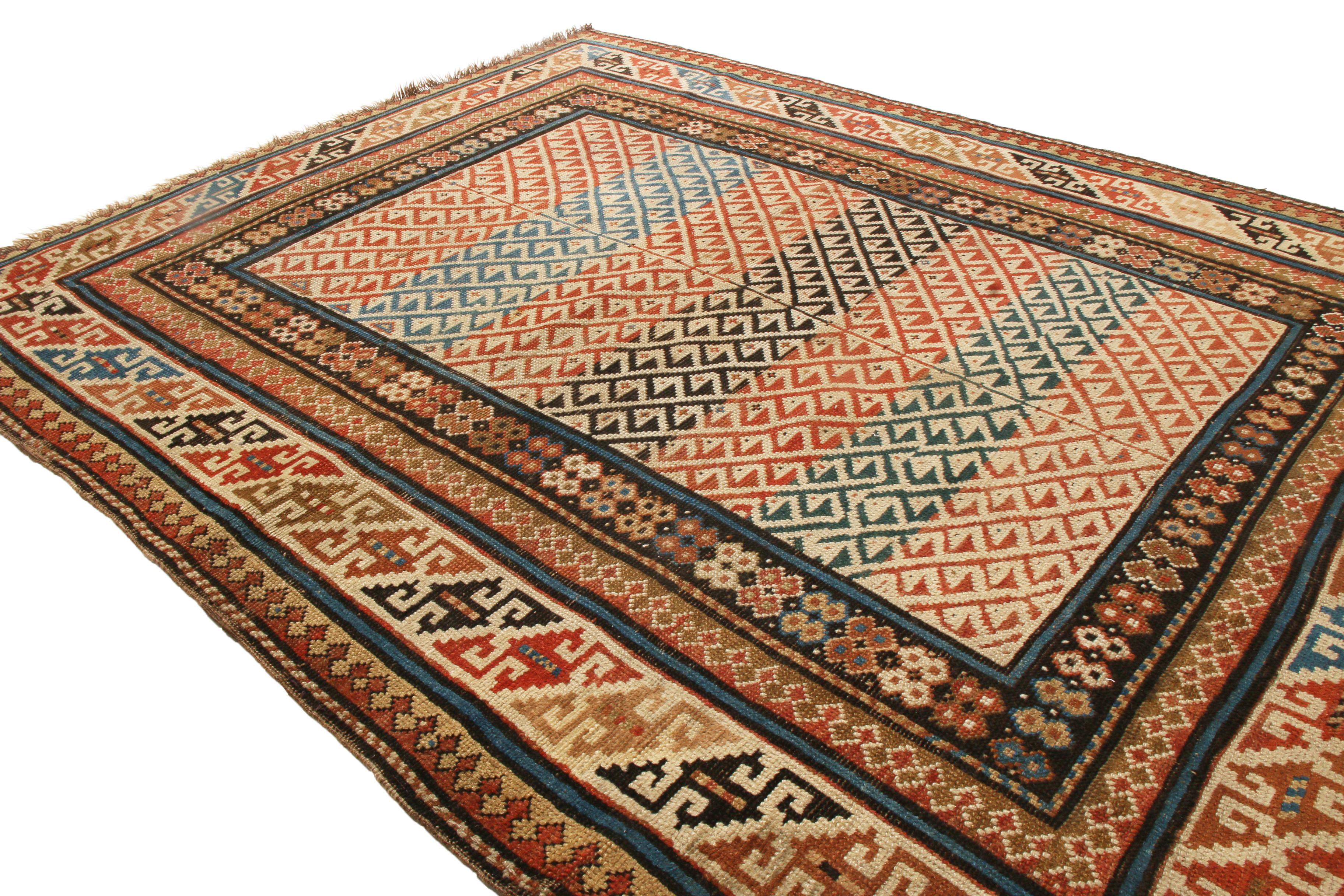 European Antique Kuba Traditional Rug in Red and Beige Geometric Pattern by Rug & Kilim For Sale
