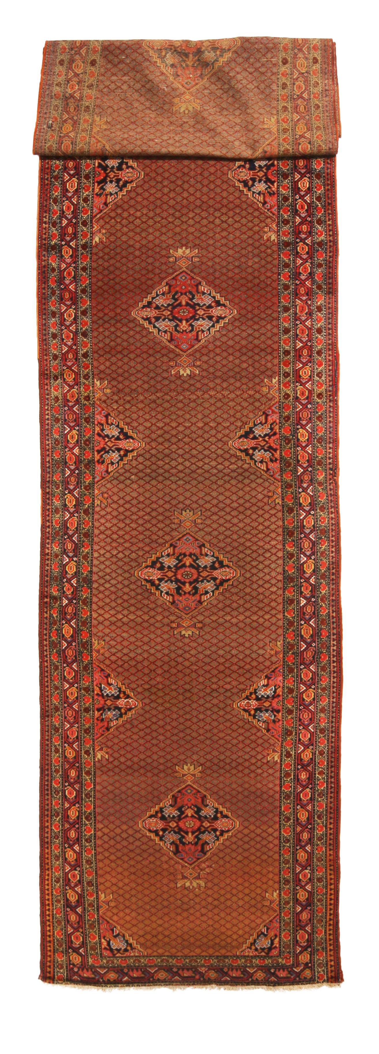 Hand-Knotted Antique Sarab Rug in Red Geometric Floral Pattern Persian Runner by Rug & Kilim For Sale