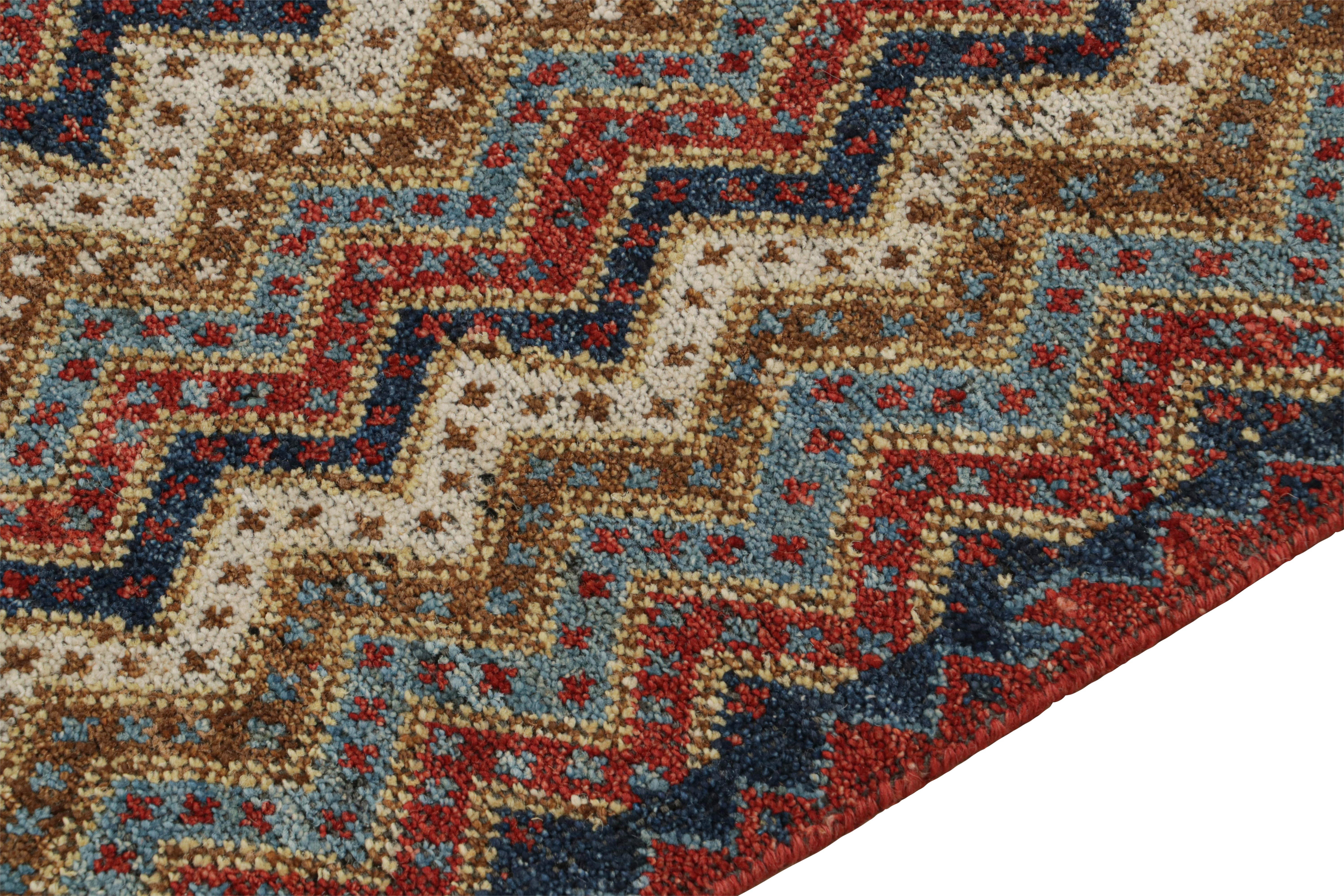 Hand-Knotted Rug & Kilim’s Antique Tribal Style Rug in Red, Blue and Beige-Brown Chevrons For Sale