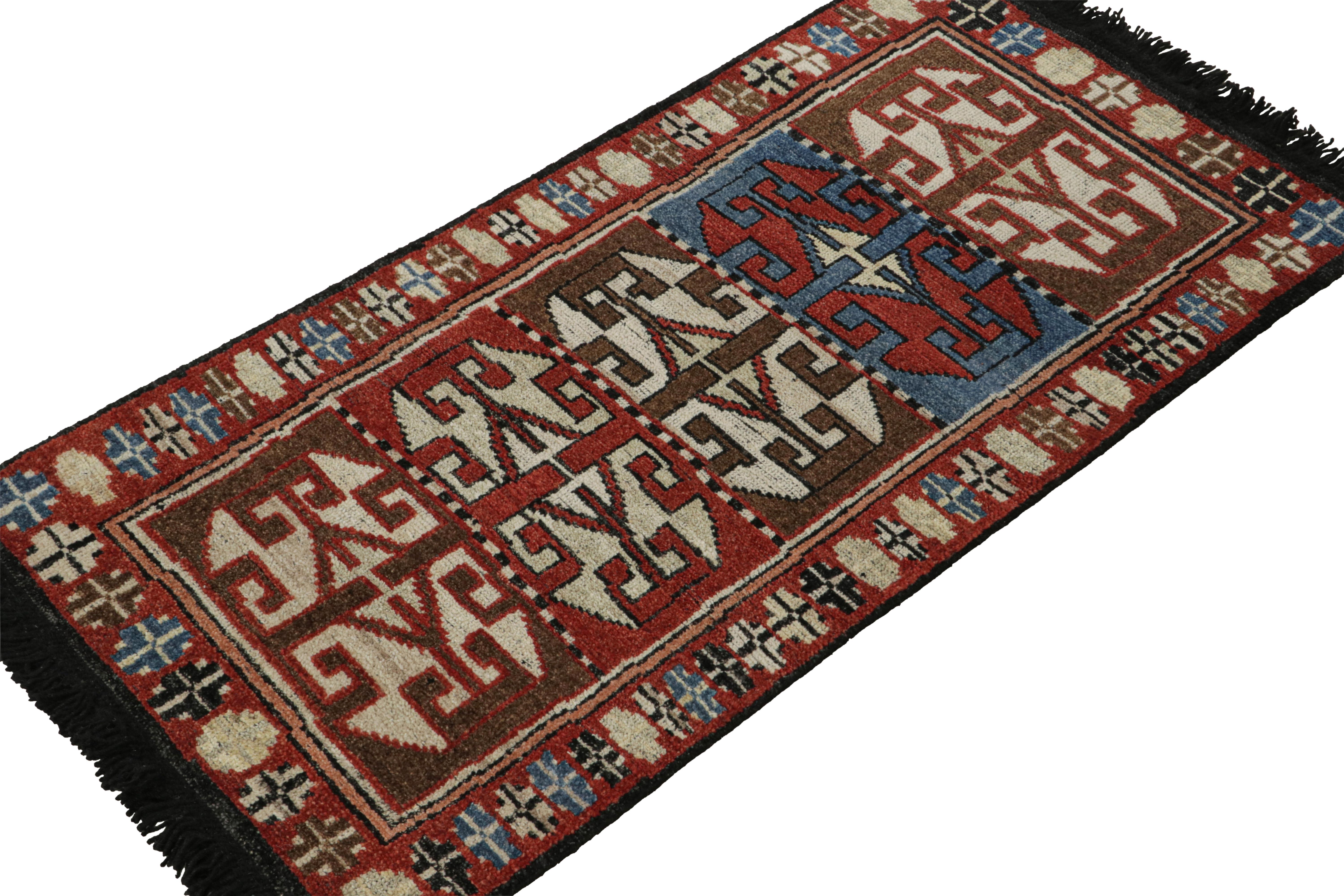 This 2x4 rug is a grand new entry to Rug & Kilim’s custom classics Burano collection. Hand-knotted in wool.

On the design

This rug features geometric patterns from primitivist, nomadic motifs in rich tones of red, blue & brown. Inspired by