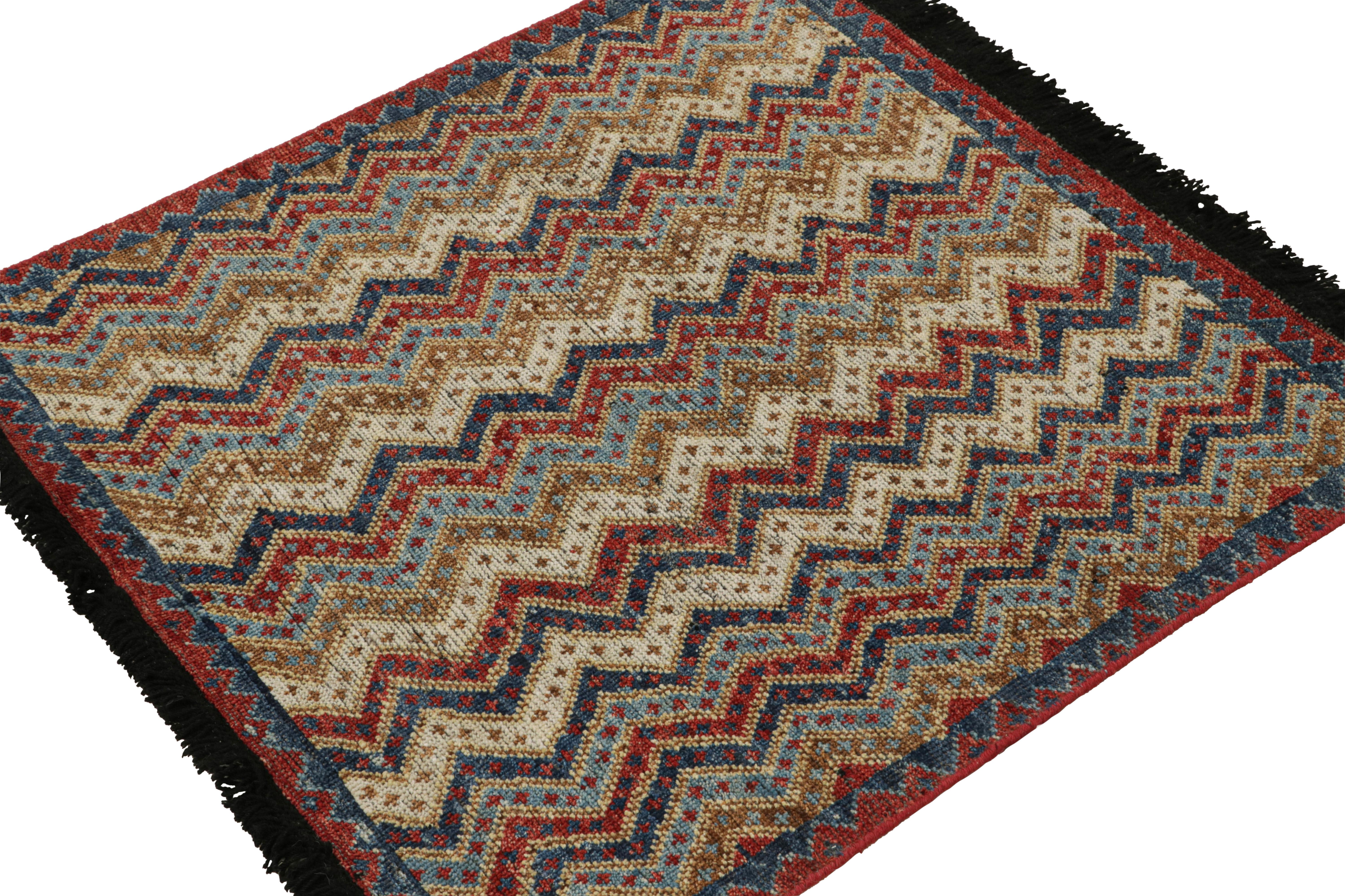This 3x3 rug is a grand new entry to Rug & Kilim’s custom classics Burano collection. Hand-knotted in wool.

On the design: 

This rug is inspired by antique tribal rugs & features chevrons with fine geometric patterns in rich colors of red,