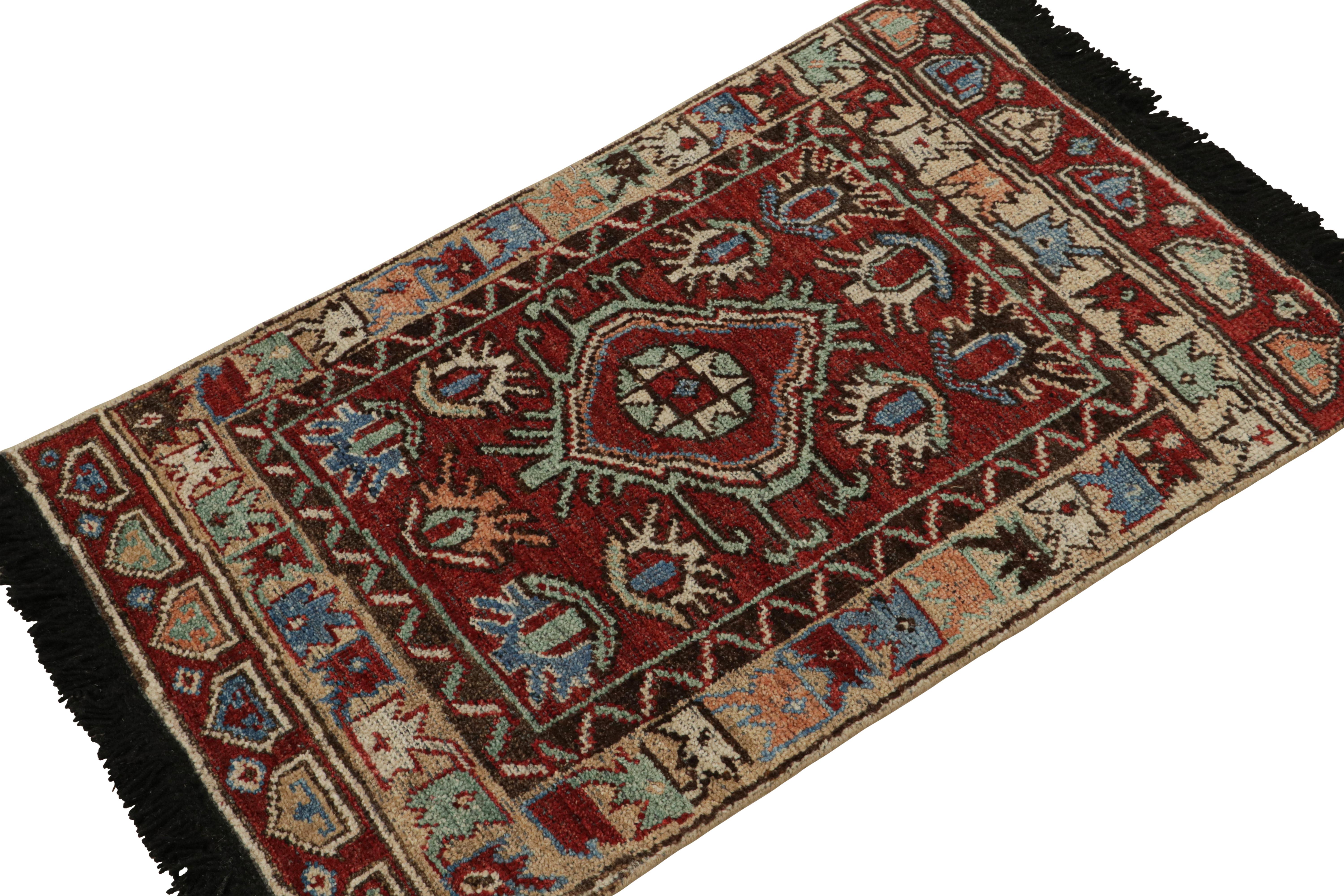 This 2x3 rug is a grand new entry to Rug & Kilim’s custom classics Burano collection. Hand-knotted in wool.

On the Design: 

This rug is inspired by antique tribal rugs & features primitivist geometric patterns in vibrant tones of red, blue,