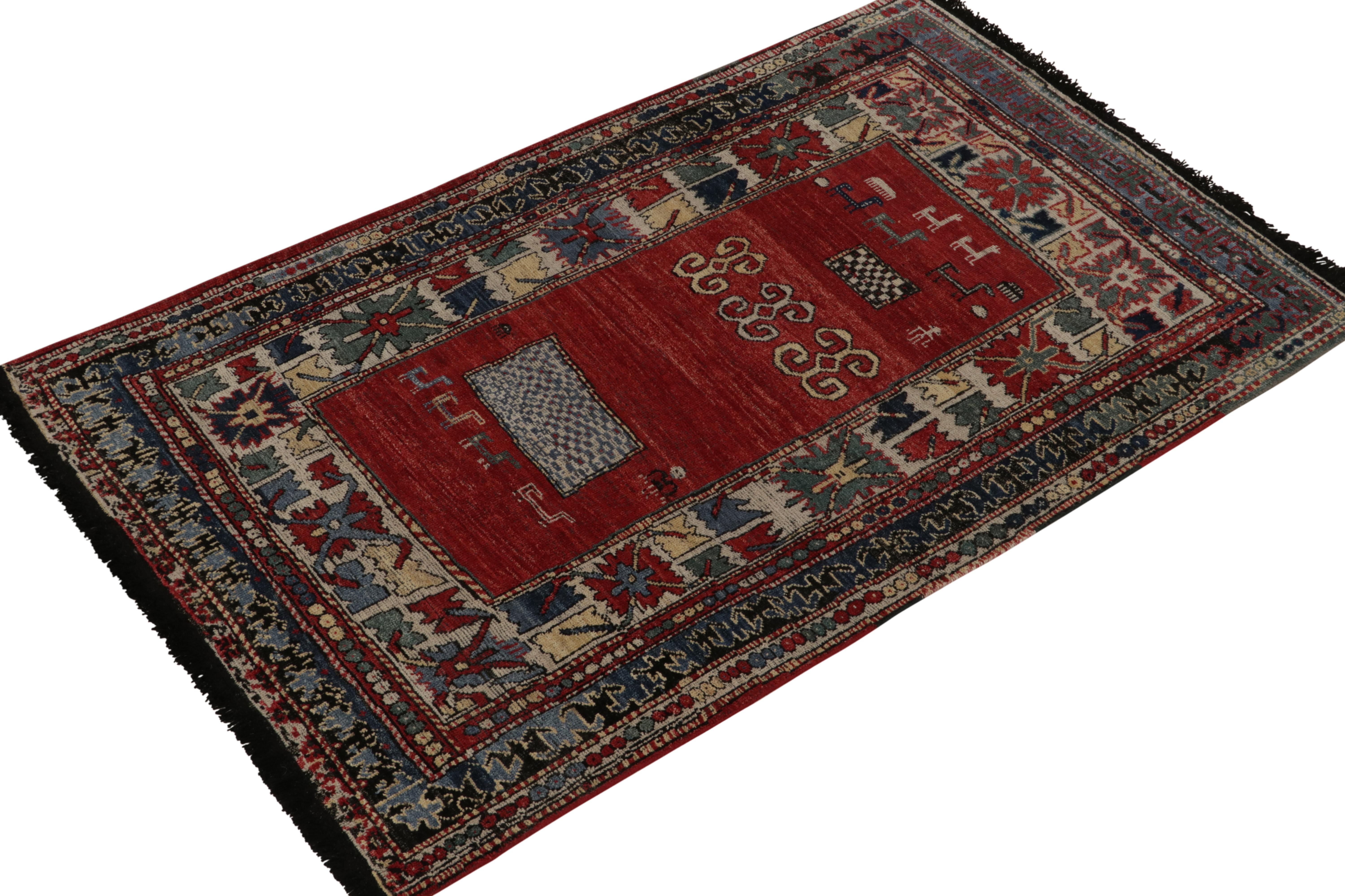 Hand-knotted in wool, a 4x7 piece inspired by antique Turkmen tribal rugs—from Rug & Kilim’s extensive Burano Black-Weft Collection. 

The carpet draws on tribal patterns in scarlet red, blue & light-gold concluding to handsome, tasteful black