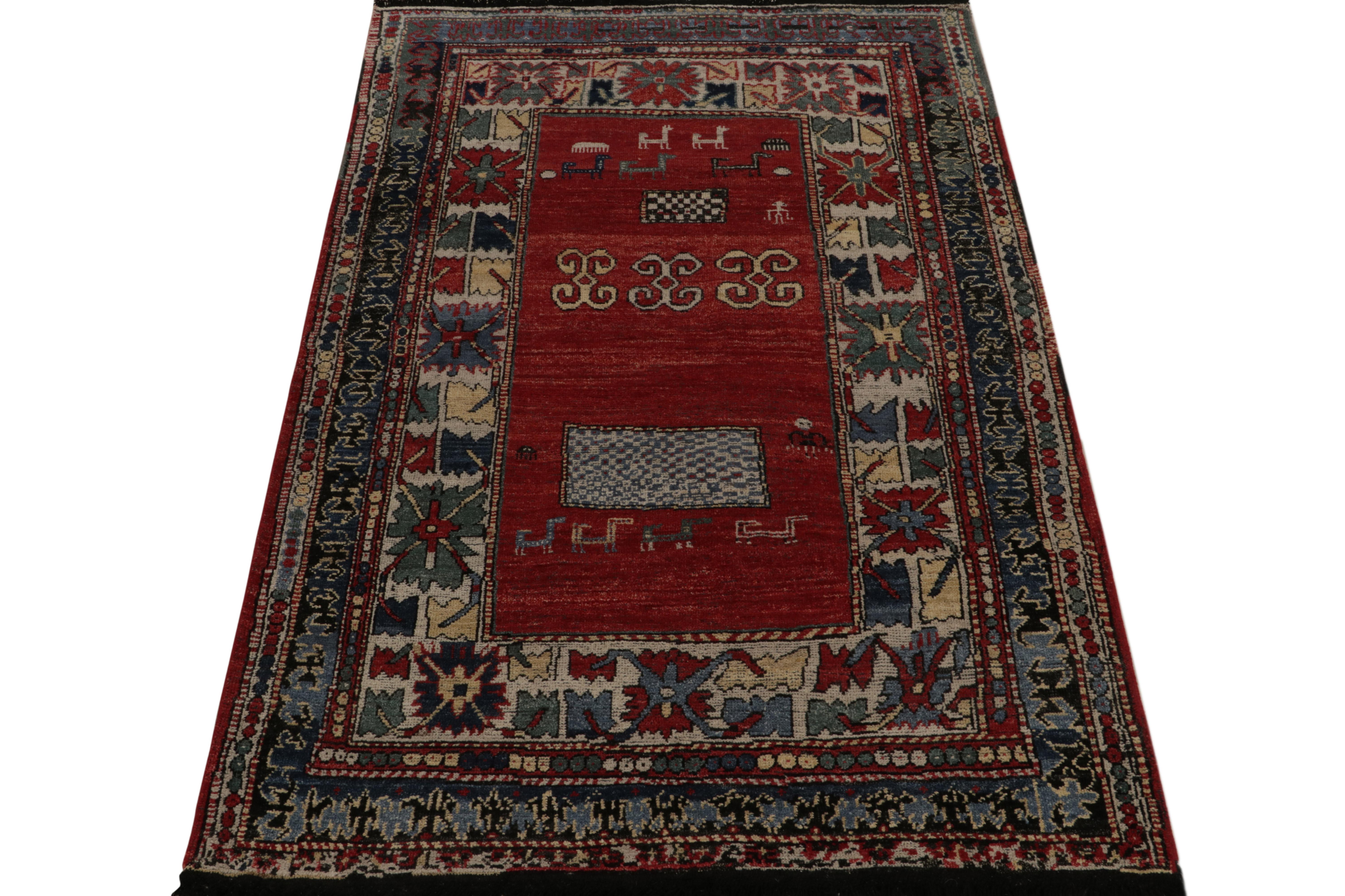 Indian Rug & Kilim’s Antique Turkmen Style Rug in Red with Blue & Gold Tribal Patterns For Sale
