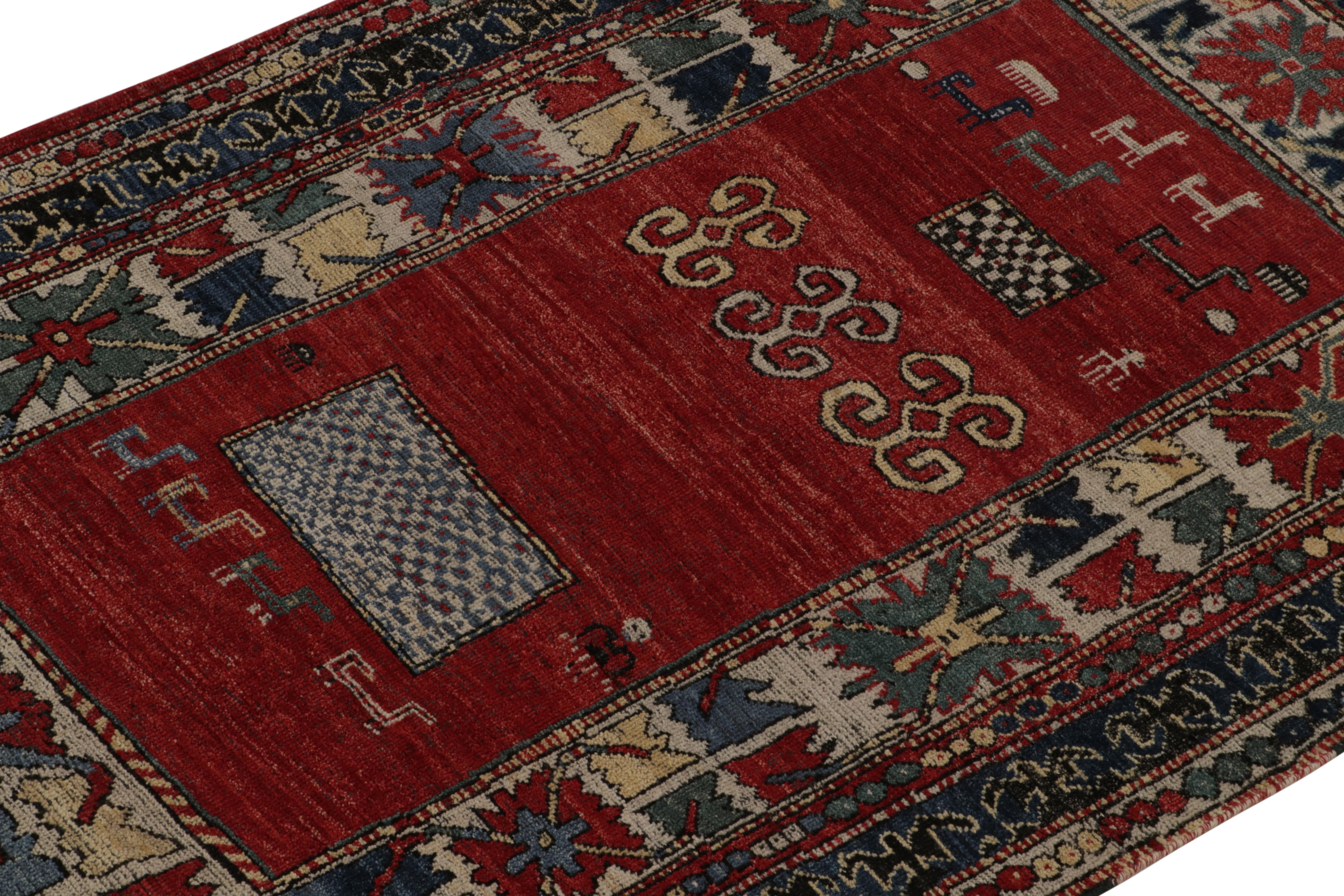 Hand-Knotted Rug & Kilim’s Antique Turkmen Style Rug in Red with Blue & Gold Tribal Patterns For Sale
