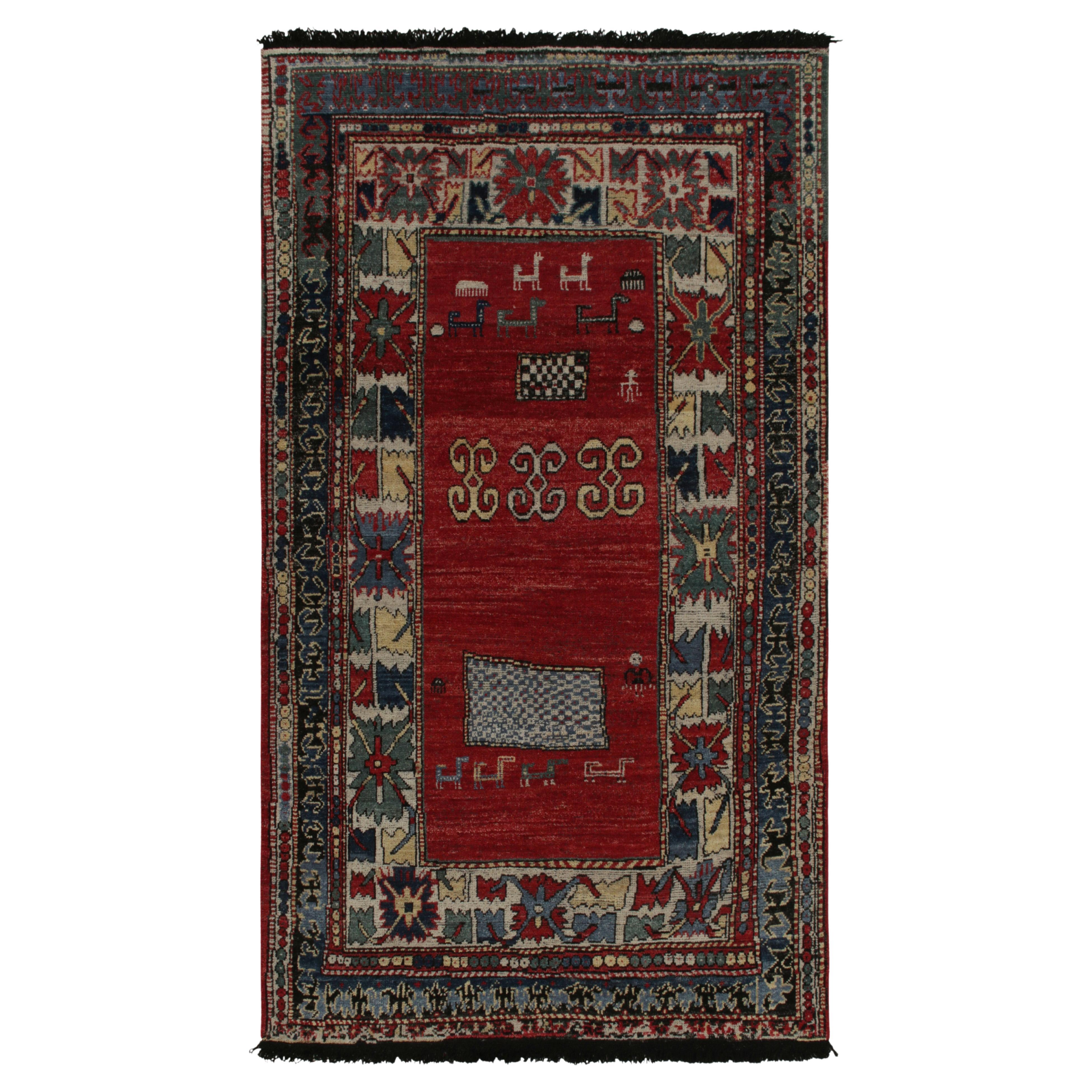 Rug & Kilim’s Antique Turkmen Style Rug in Red with Blue & Gold Tribal Patterns For Sale